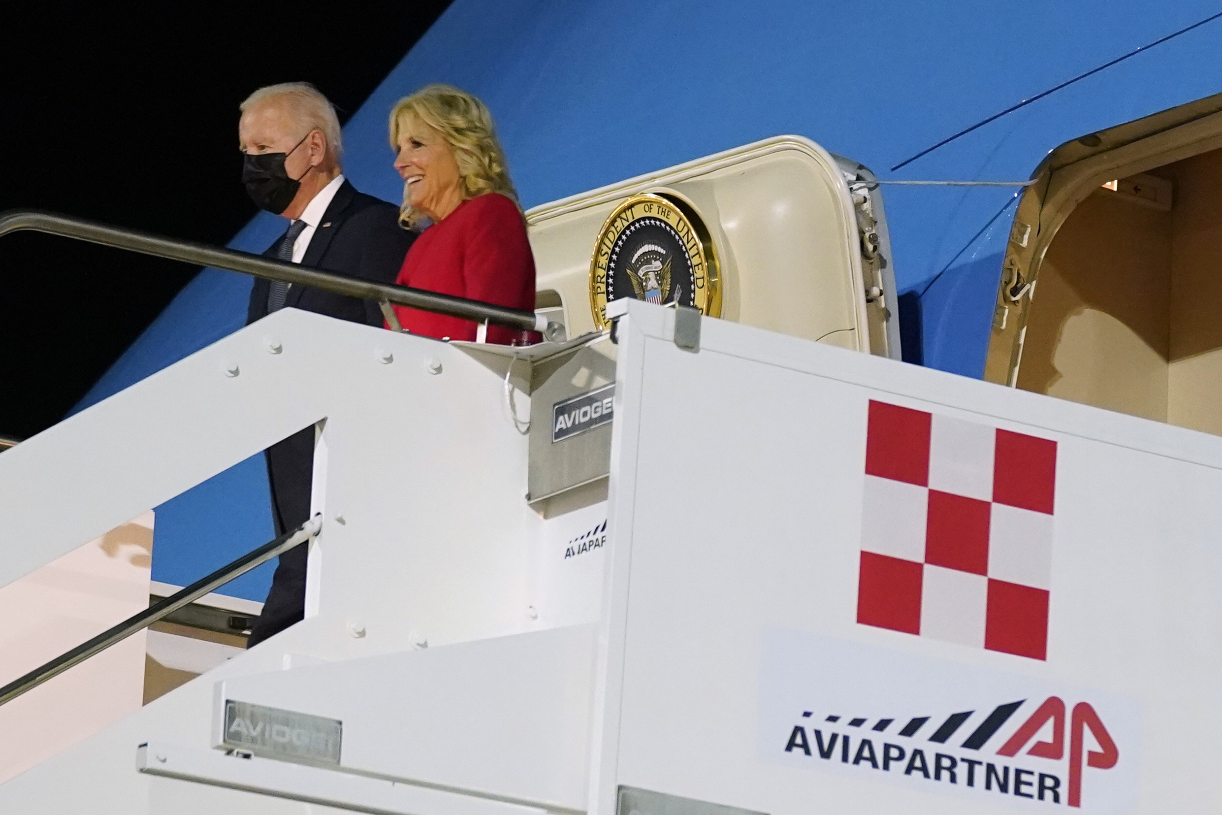 President Joe Biden and first lady Jill Biden arrive at Rome-Fiumicino International Airport to attend the G-20 leaders meeting, Friday, Oct. 29, 2021, in Rome. (AP Photo/Evan Vucci)