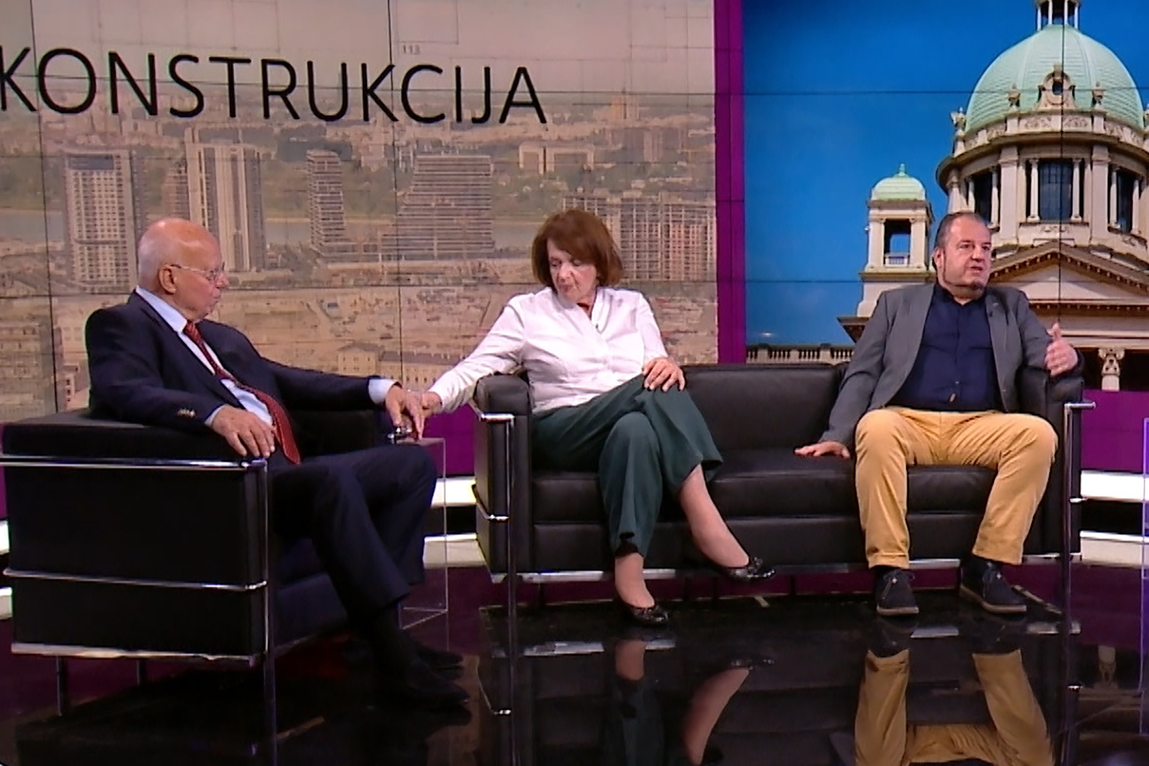 Toma Fila, adovatk, Vesna Rakić Vodinelić, profesorka prava i Miodrag Jovanović, profesor Pravnog fakulteta, gosti, emisija Rekonstrukcija Foto: N1