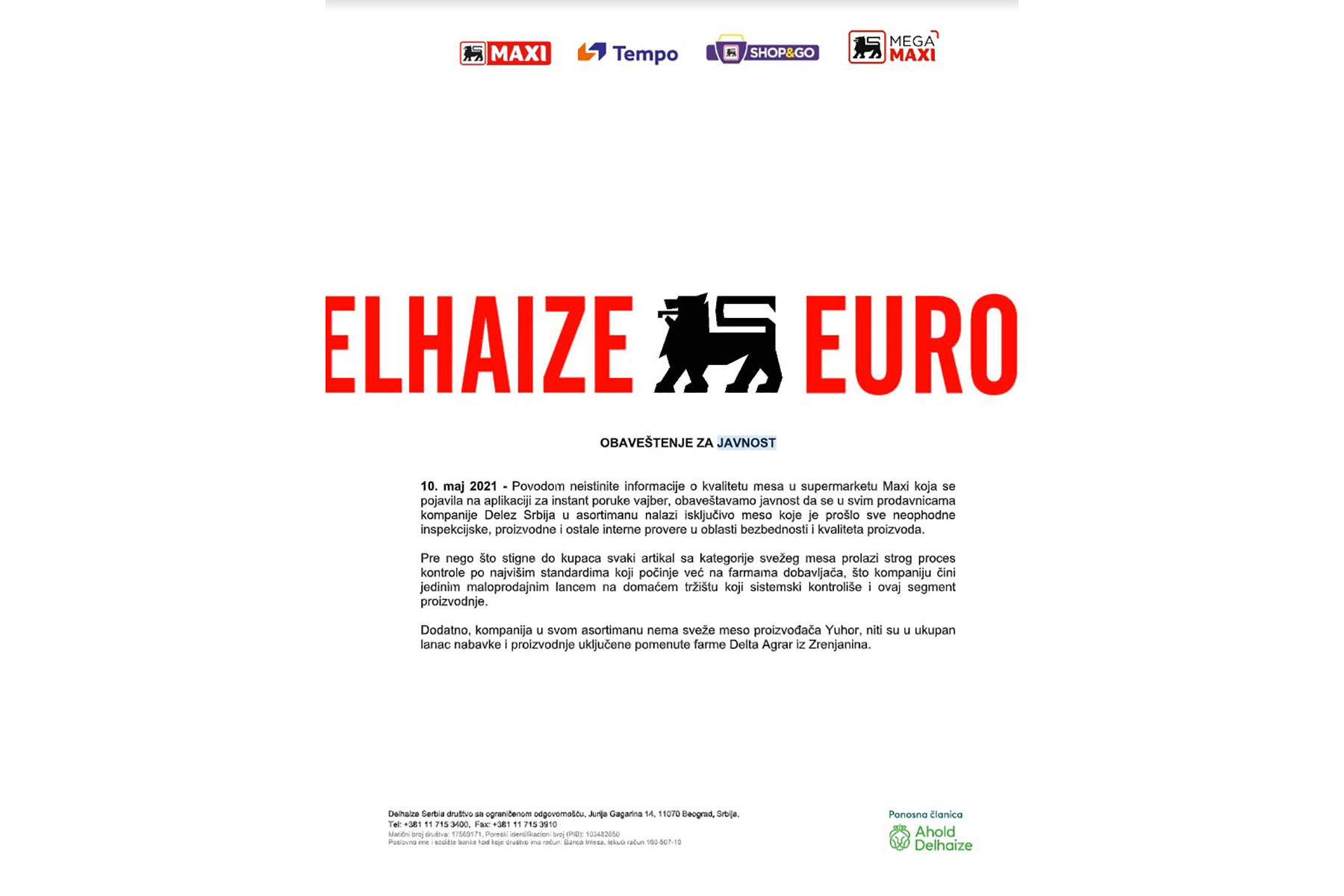 kompanija Delez Obavestenje za javnost