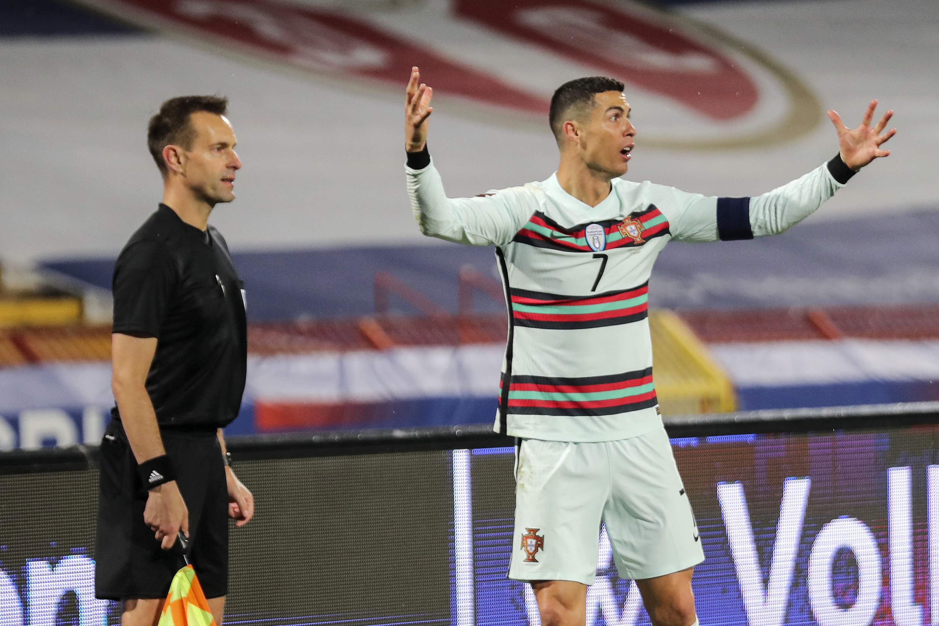 epa09102259 Portugal's Cristiano Ronaldo reacts during the Group A of FIFA World Cup Qatar 2022 qualifier match at Rajko Mitic Stadium in Belgrade, Serbia, 27th March 2021.  EPA-EFE/MIGUEL A. LOPES