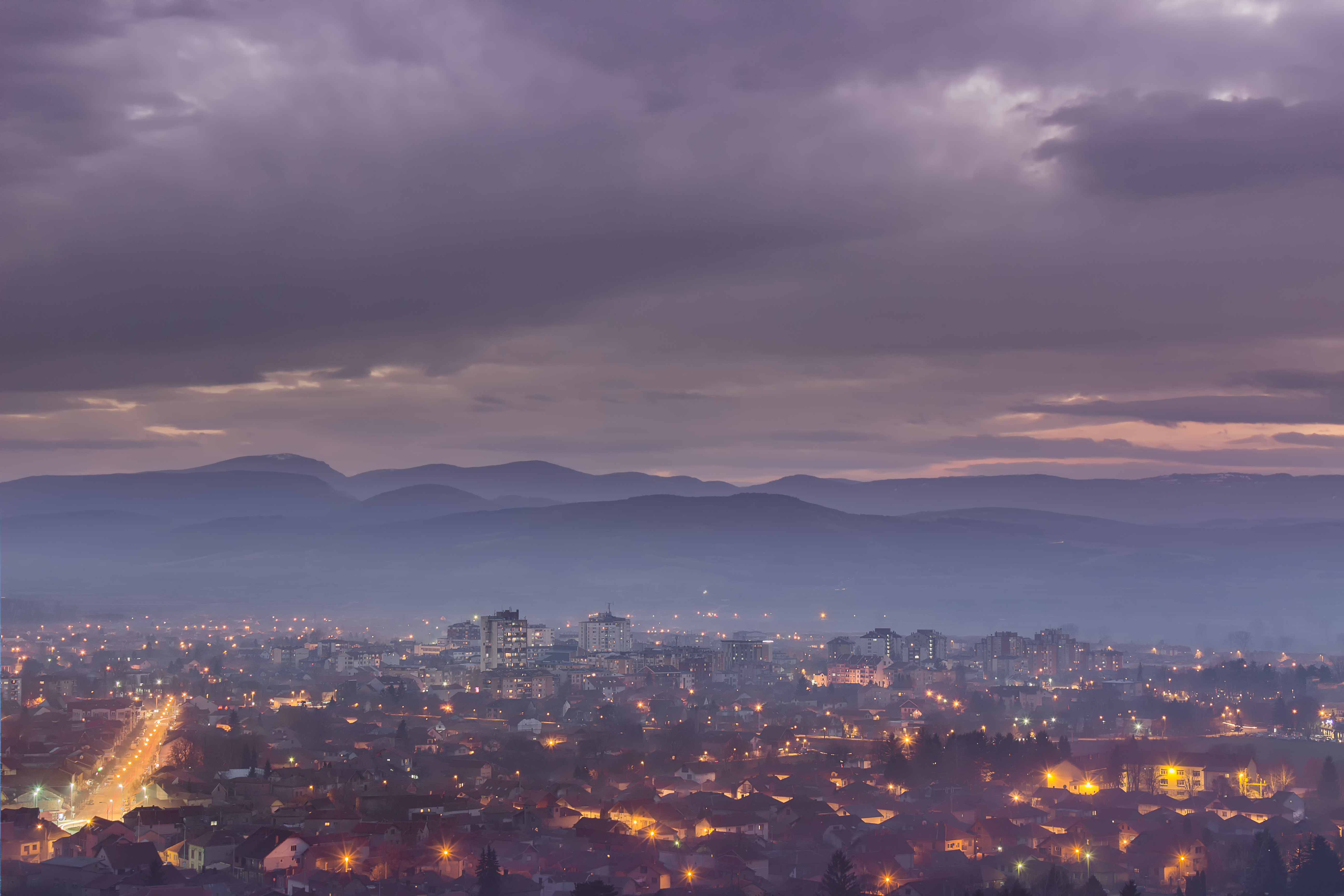 Dreamy,,Misty,,Blue,Hour,Cityscape,Of,Pirot,In,Serbia,Taken