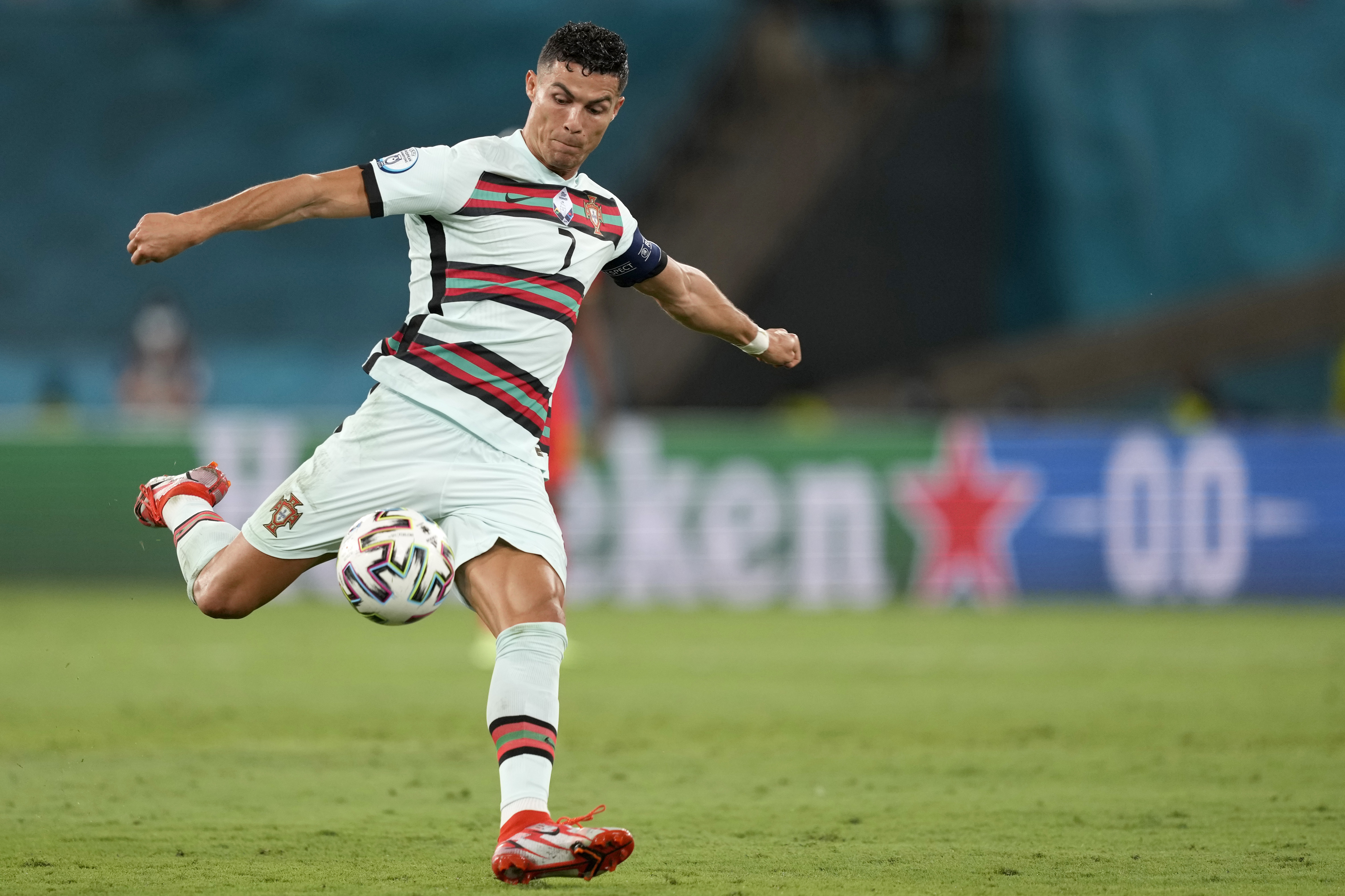 epa09306705 Portugal's player Cristiano Ronaldo in action during the UEFA EURO 2020 round of 16 soccer match between Belgium and Portugal held at La Cartuja Sevilla stadium, in Seville, Spain, 27 June 2021.  EPA-EFE/HUGO DELGADO
