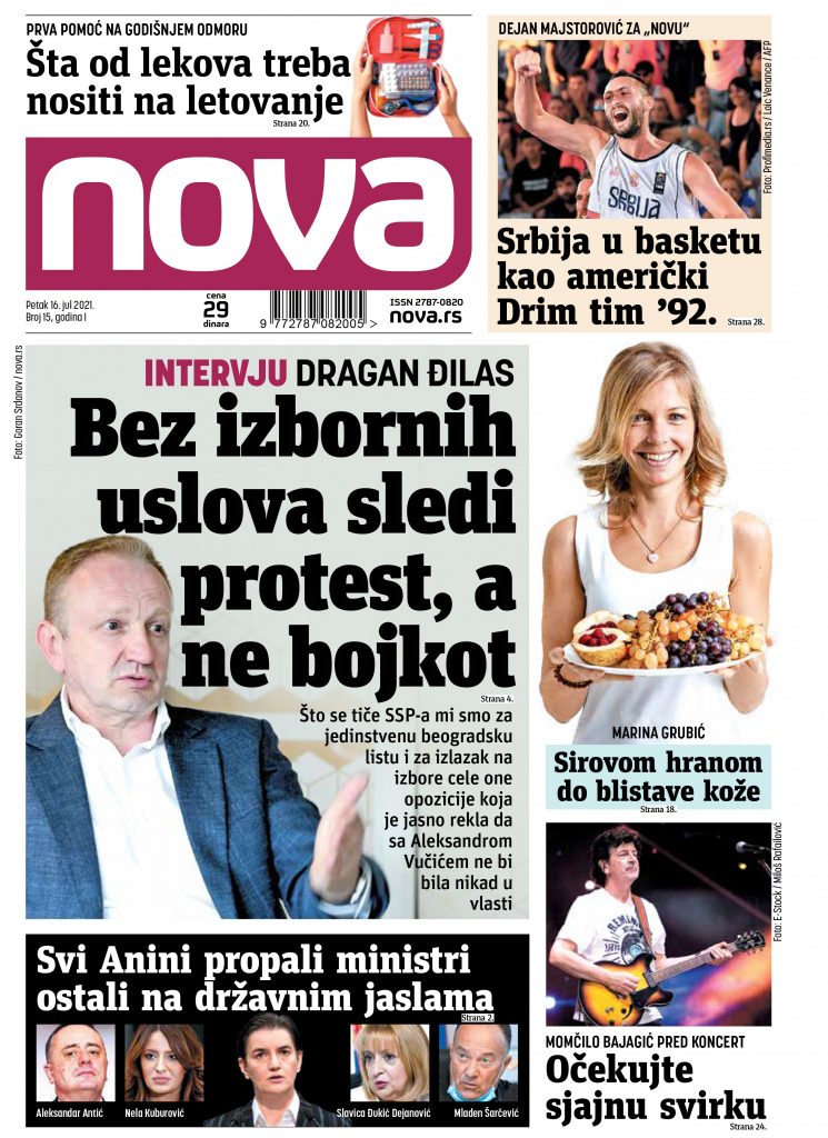 Nova, naslovna za petak 16. jul, broj 15, dnevne novine Nova, dnevni list Nova Foto: Nova.rs