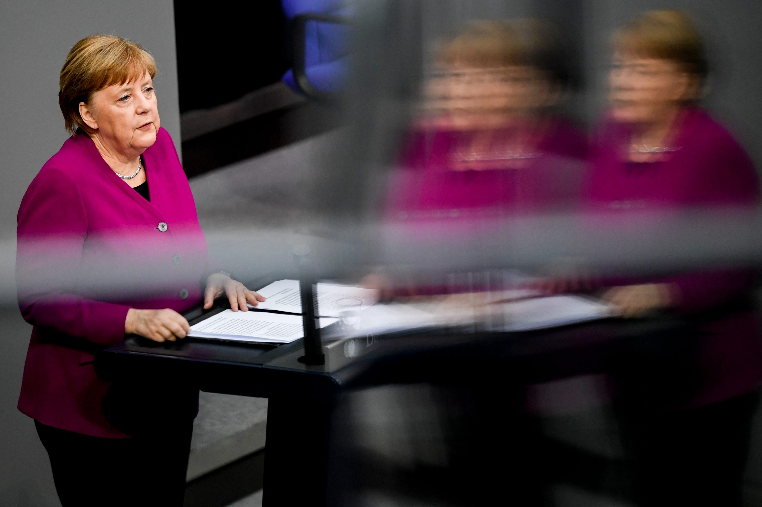 epa08378834 German Chancellor Angela Merkel speaks during a session at the Bundestag Germany's lower house of parliament in Berlin, Germany, 23 April 2020. Merkel discussed about the coronavirus disease (COVID-19) pandemic.  EPA-EFE/FILIP SINGER
