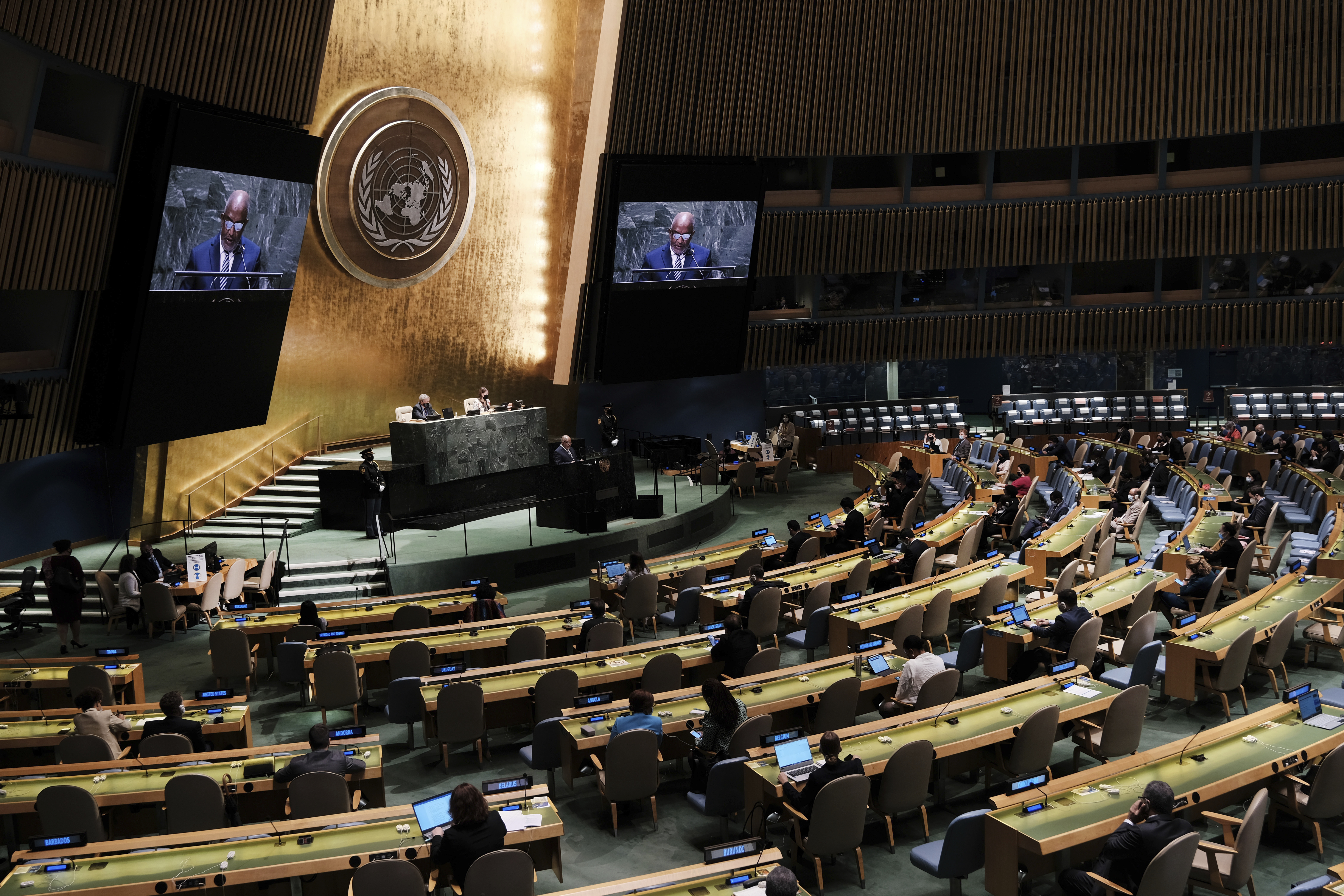 The President of Comoros, Azali Assoumani addresses the 76th Session of the U.N. General Assembly at United Nations headquarters in New York, on Thursday, Sept. 23, 2021.  ( Spencer Platt/Pool Photo via AP)