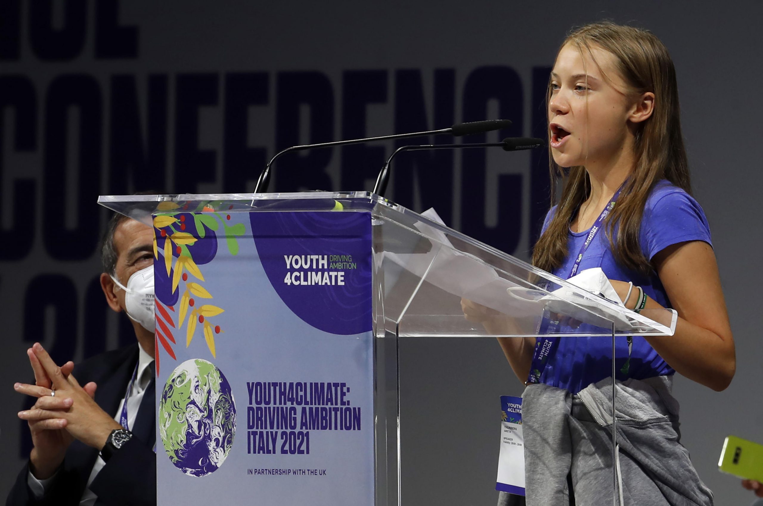 epa09492520 Swedish environmental activist Greta Thunberg speaks at the conference 'Youth4climate: driving ambition Italy 2021' in Milan, Italy, 28 September 2021.  EPA-EFE/MATTEO BAZZI