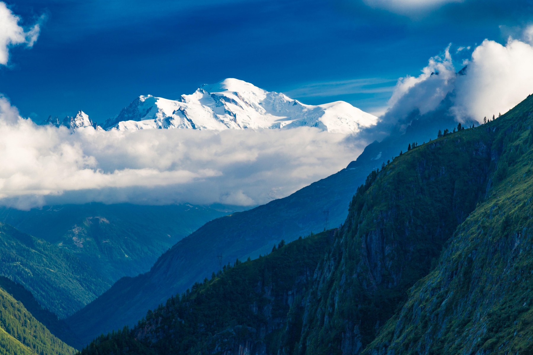 View of the Mont-Blanc peak from Lac d'Emosson near Swiss city of Finhaut and French city of Chaminix, August