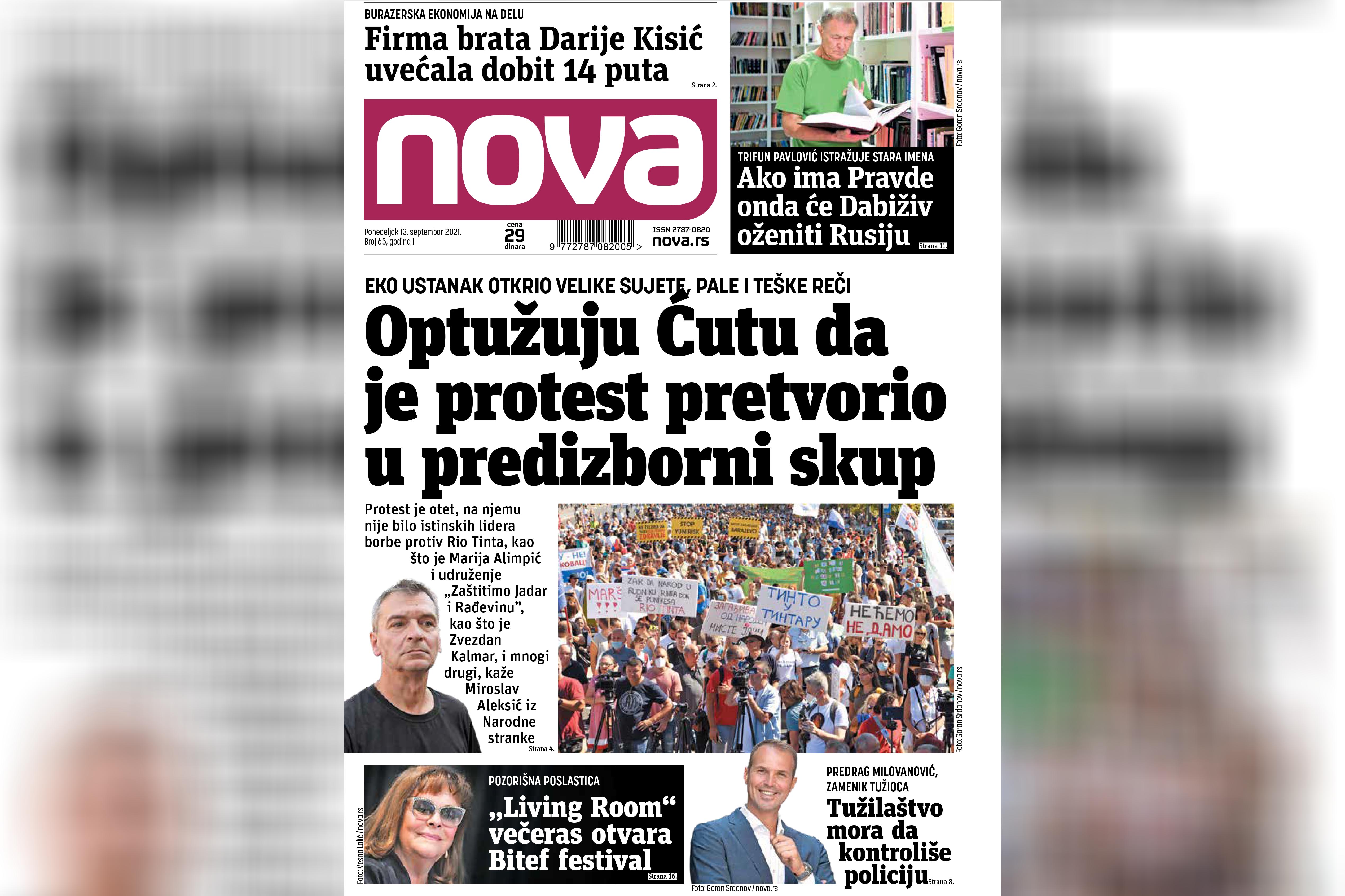 Nova, naslovna za ponedeljak 13. septembar, broj 65, dnevne novine Nova, dnevni list Nova Foto: Nova.rs