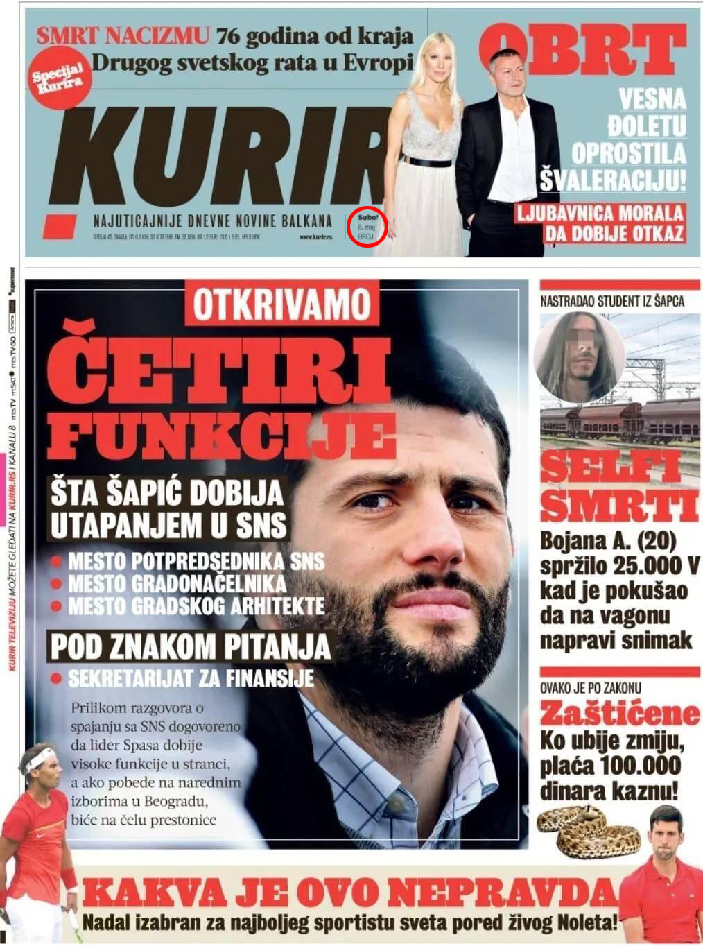 Naslovna strana Kurir, neobjavljena 08.05.2021.