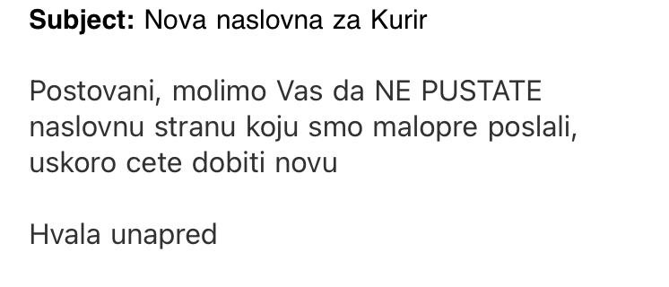 Naslovna strana Kurir, obavestenje ne pustati naslovnu koja je poslata. 08.05.2021.