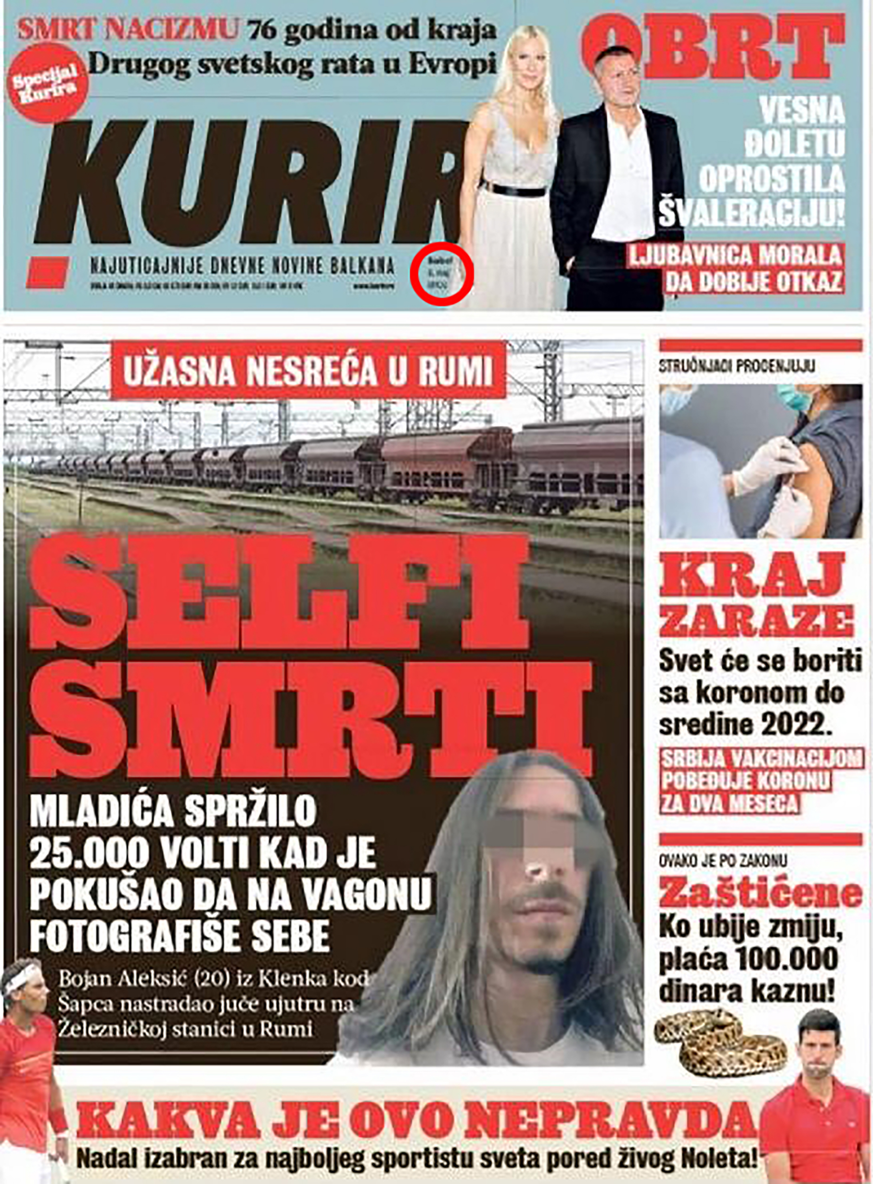 Naslovna strana Kurir, objavljena 08.05.2021.