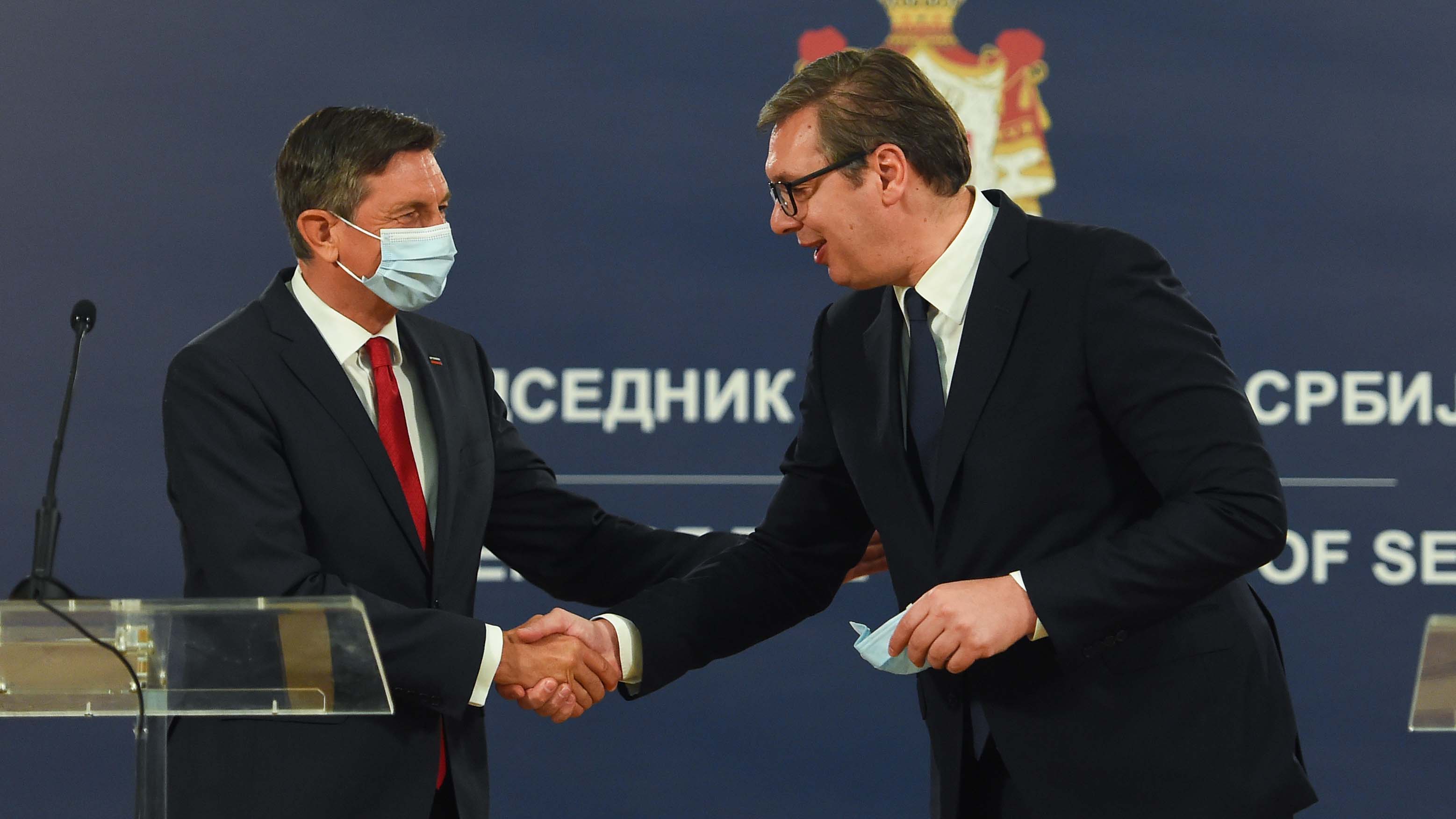 Beograd, 14. maja 2021. - Predsednik Srbije Aleksandar Vucic sastao se danas s predsednikom Slovenije Borutom Pahorom, koji boravi u poseti Srbiji. Po zavrsetku sastanka predsednici su dali izjave za medije. FOTO TANJUG/ TANJA VALIC/ bg