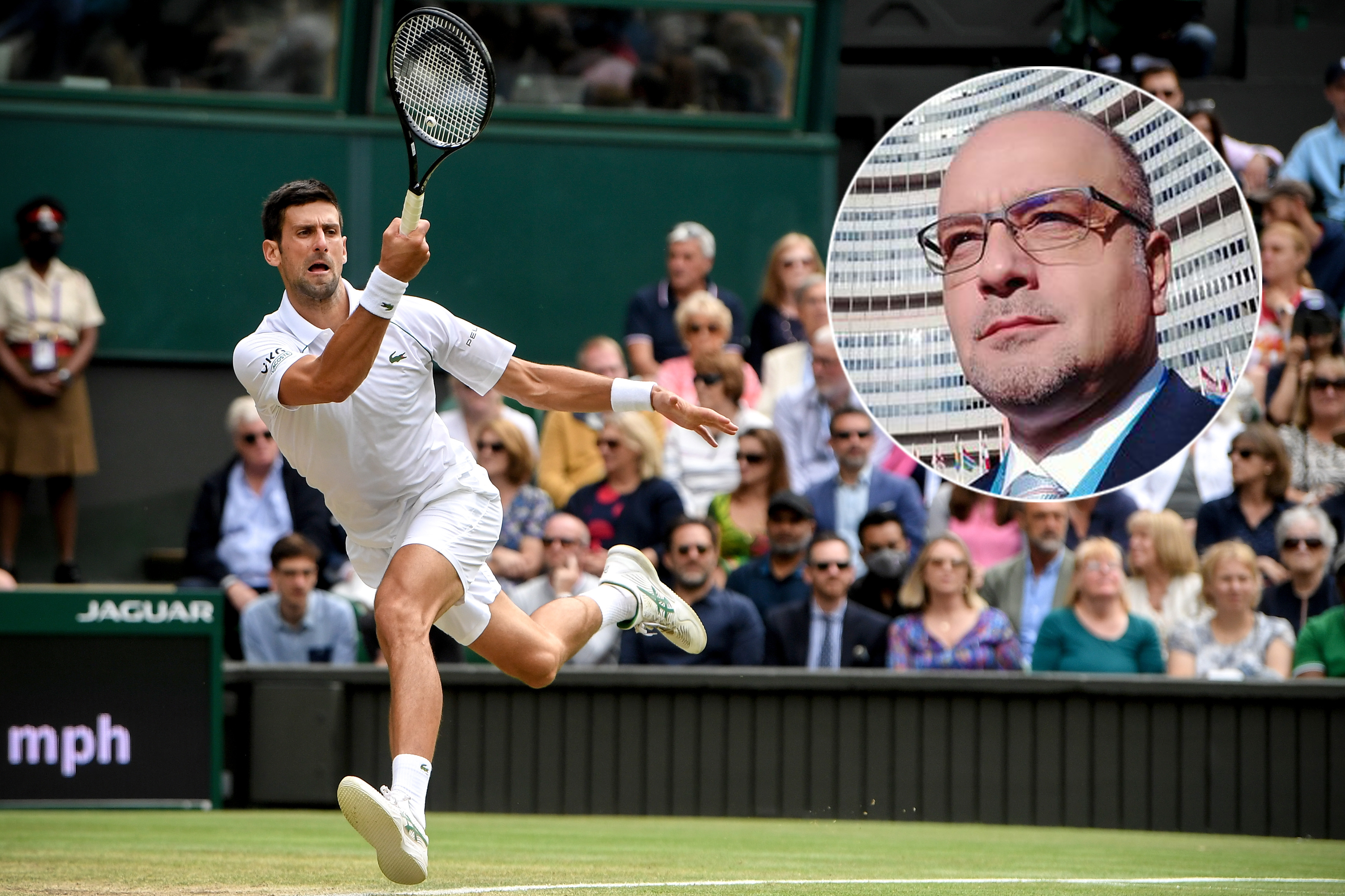 epa09328843 Novak Djokovic of Serbia hits a forehand during the men's quarter final match against Marton Fucsovics of Hungary at the Wimbledon Championships, in Wimbledon, Britain, 07 July 2021.  EPA-EFE/NEIL HALL   EDITORIAL USE ONLY