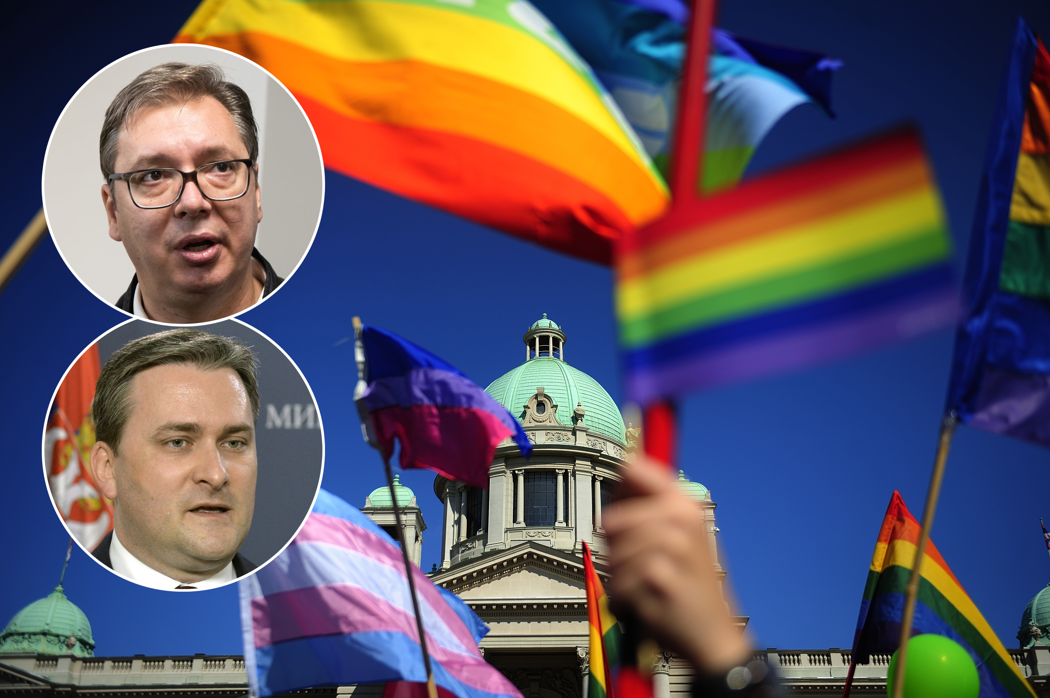Aleksandar Vucic Nikola Selakovic, gej, gay pride, Serbian National Assembly building (Parliament building) with rainbow flags during Gay Pride Parade in Belgrade, Serbia
