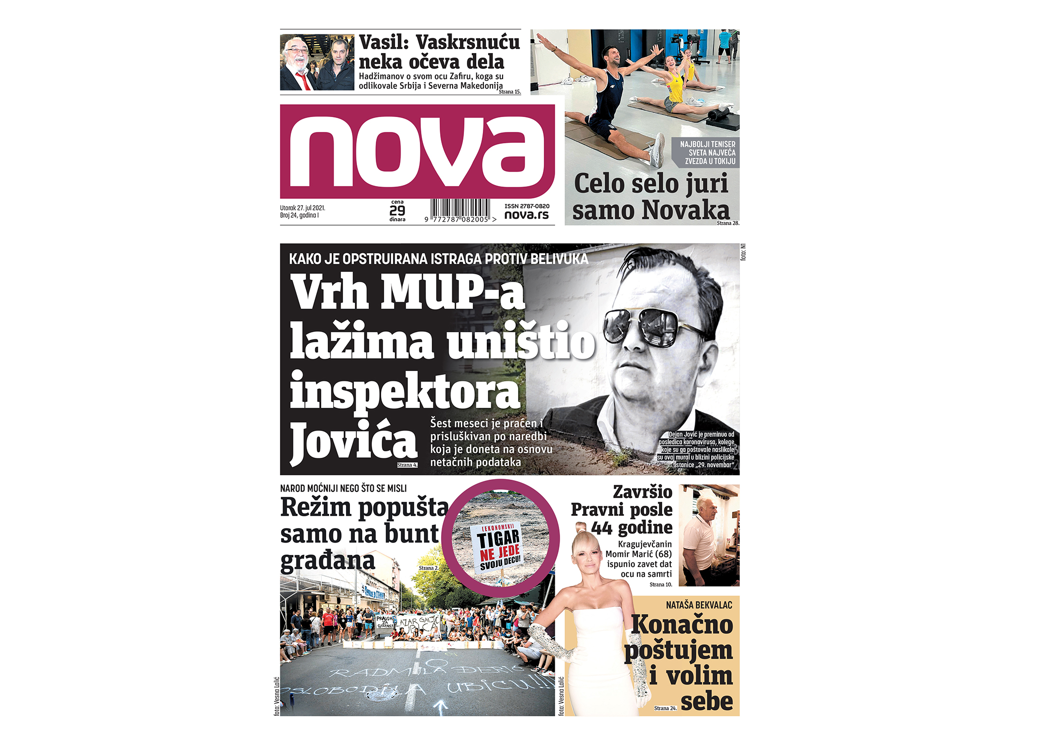 Naslovna strana dnevnih novina Nova za 27. jul 2021