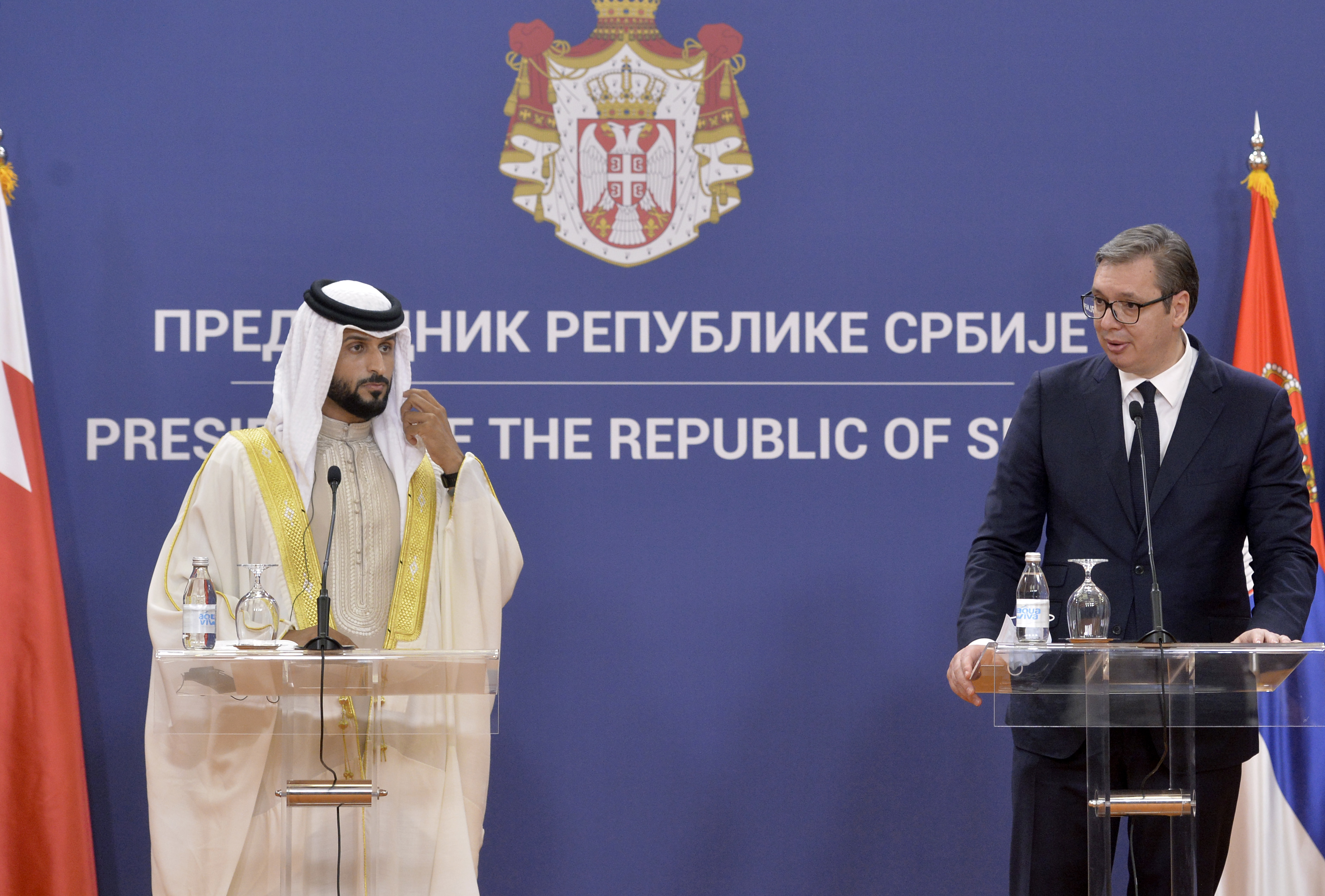 Beograd, 5. aprila 2021 - Izjave za medije nakon sastanka predsednika Republike Aleksandra Vucica sa seikom Naserom bin Hamadom  bin Isom Al Kalifom i delegacijom Kraljevine Bahrein. FOTO TANJUG/ RADE PRELIC/bs