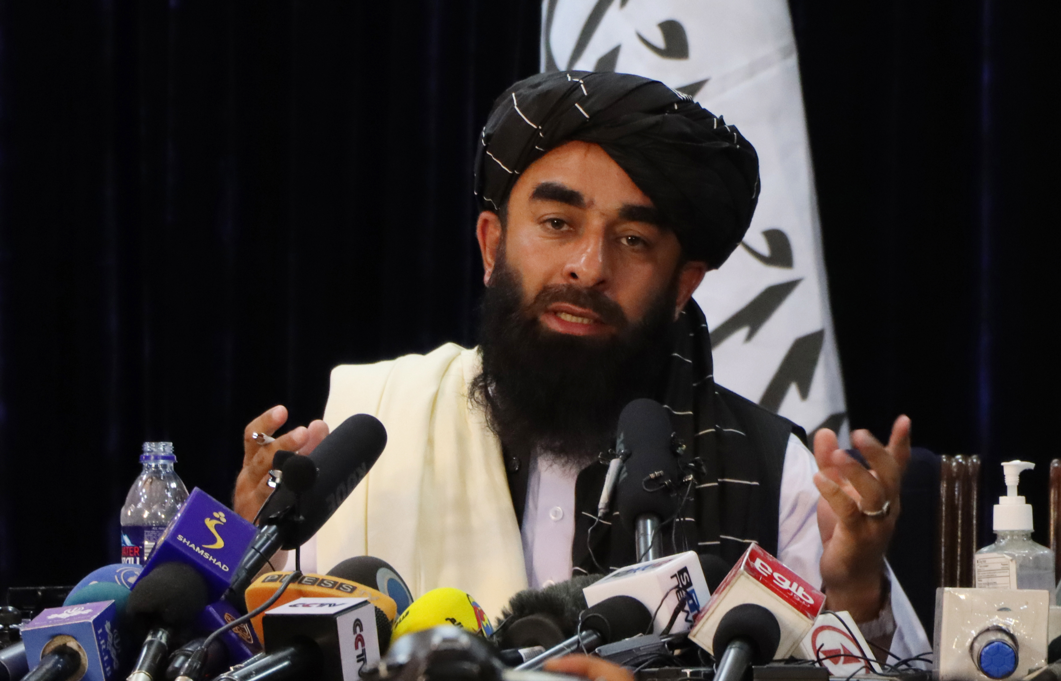 Taliban spokesman Zabiullah Mujahid press conference in Kabul