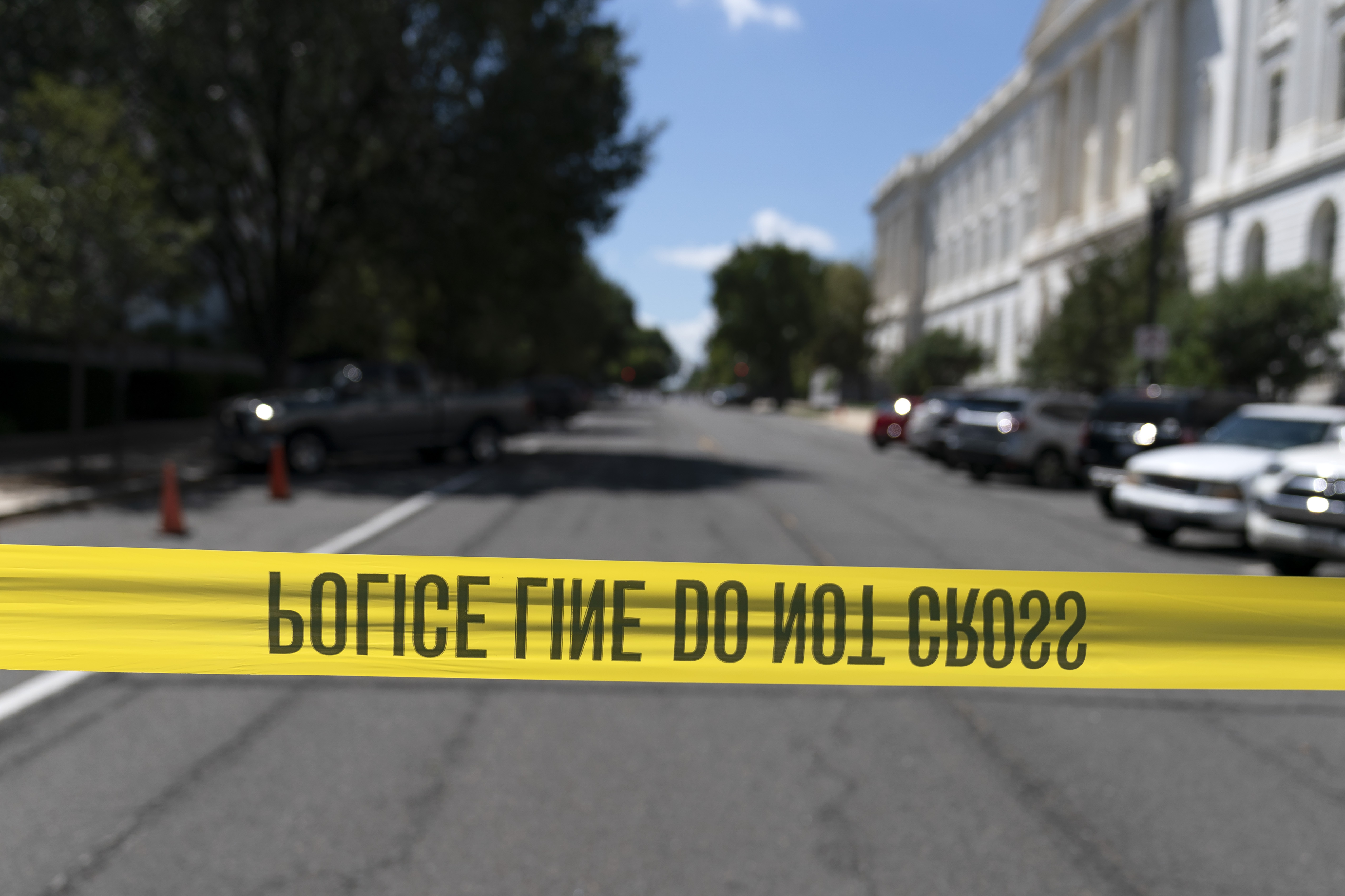 First street leading to the Library Congress is closed as police investigate a report of a possible explosive device in a pickup truck outside the Library of Congress, on Capitol Hill in Washington on Thursday, Aug. 19, 2021. (AP Photo/Jose Luis Magana)