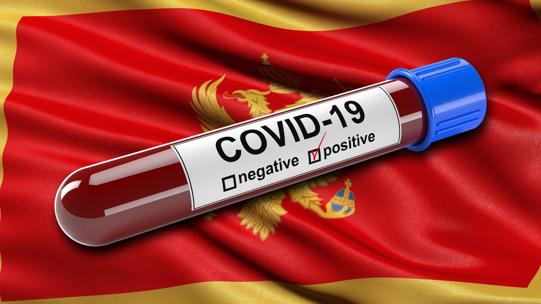 crna gora koronavirus Flag of Montenegro waving in the wind with a positive Covid-19 blood test tube.