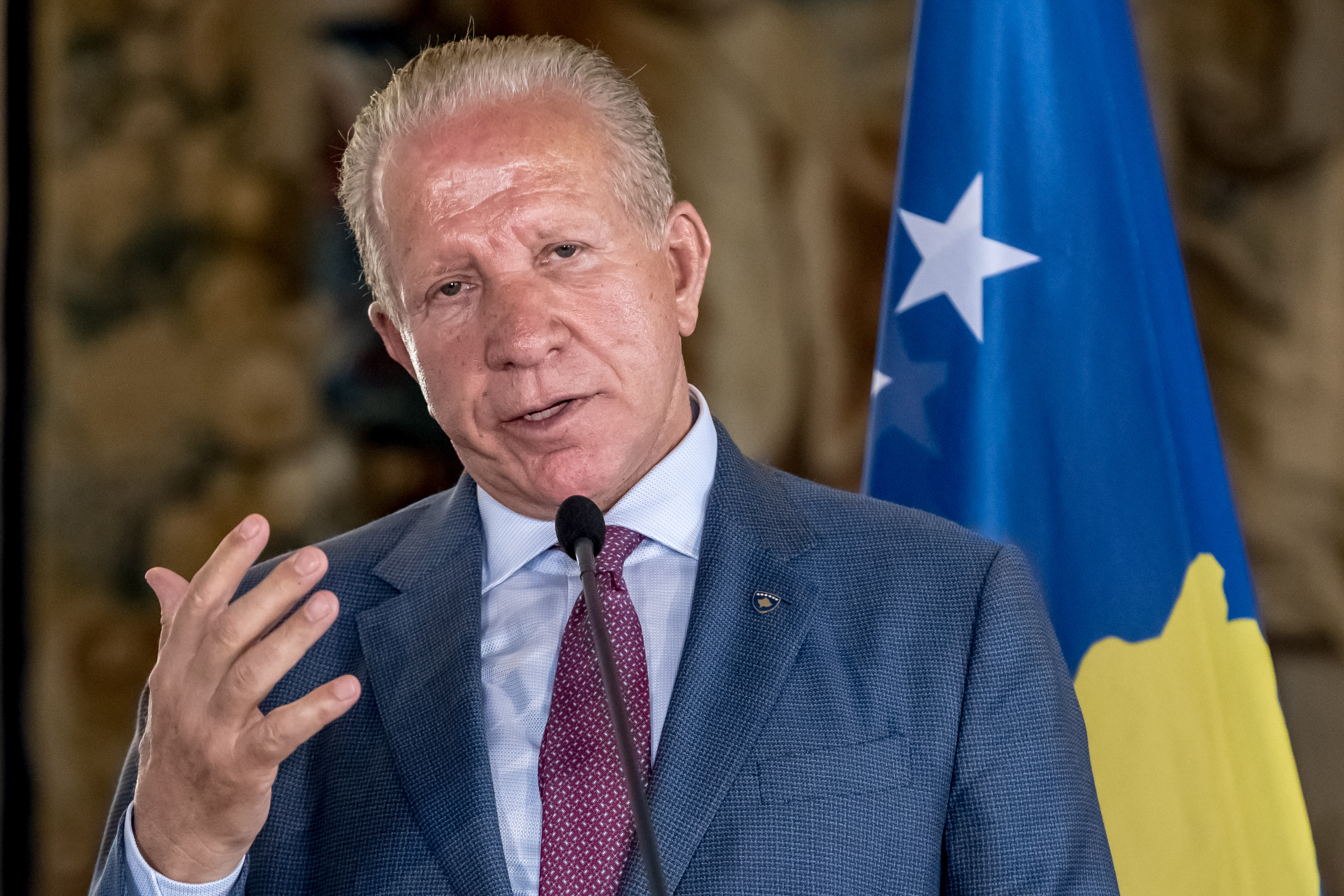 epa07645194 Kosovo's Foreign Minister Behgjet Pacolli gestures during a joint press conference following a meeting with Czech Foreign Minister Tomas Petricek (unseen) at the Czernin Palace, in Prague, Czech Republic, 13 June 2019.  EPA-EFE/MARTIN DIVISEK