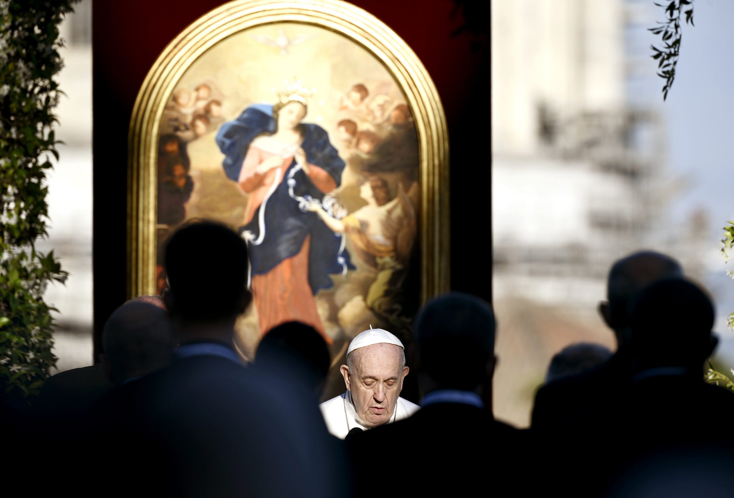 Pope Francis leads the prayer to mark the end of the month of worldwide prayers to stop the pandemic, in the Vatican gardens Monday, May 31, 2021 (Filippo Monteforte/Pool photo via AP)