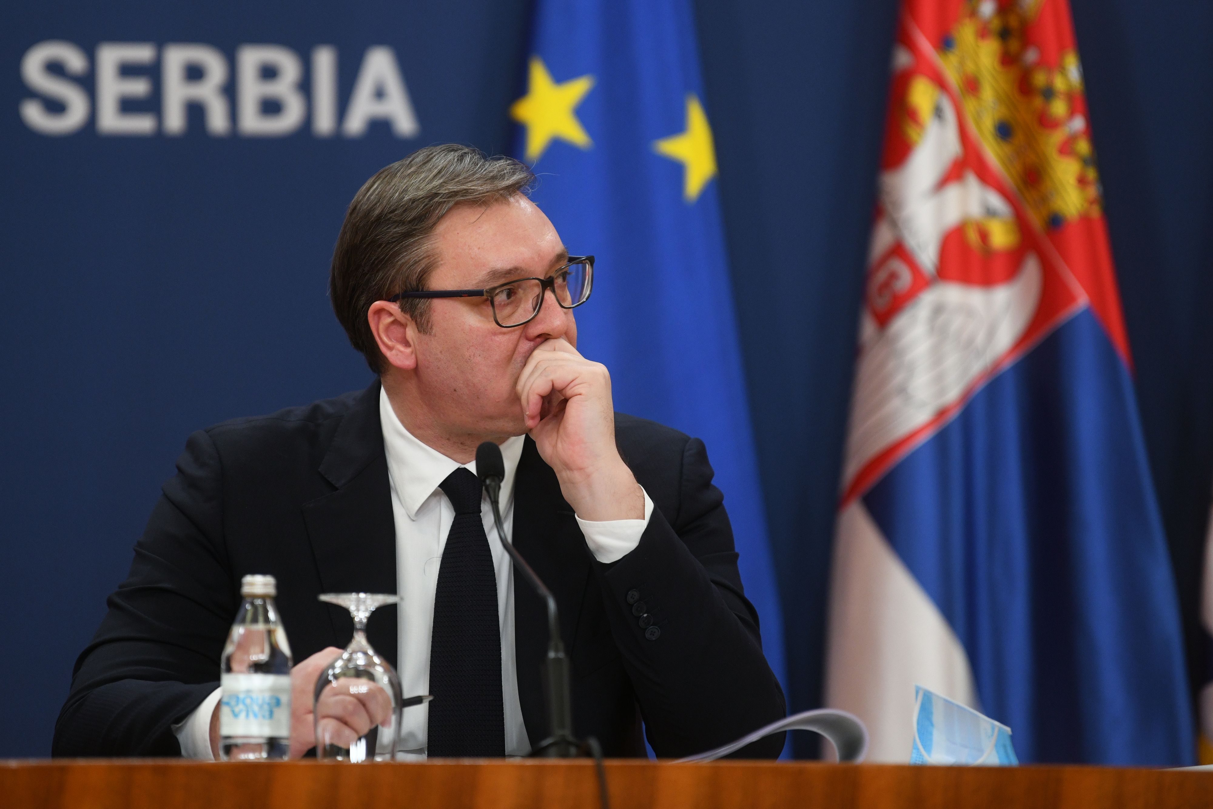 Beograd 04.02.2021. Aleksandar Vučić, grimasa. Sednica Vlade Srbije, zamisljen zabrinut Palata Federacije, Palata Srbija