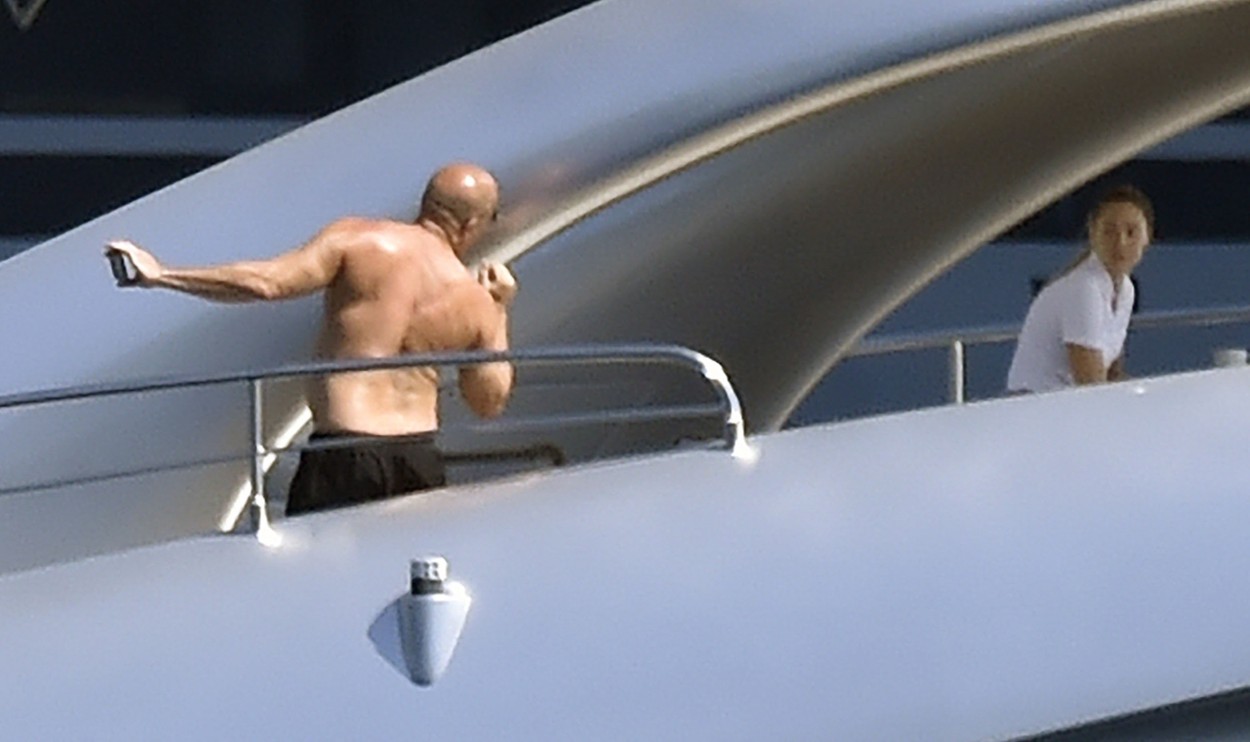 *EXCLUSIVE* *WEB MUST CALL FOR PRICING* The American Actor Vin Diesel flaunts his belly as he goes shirtless while enjoying a family fun day in Portofino!