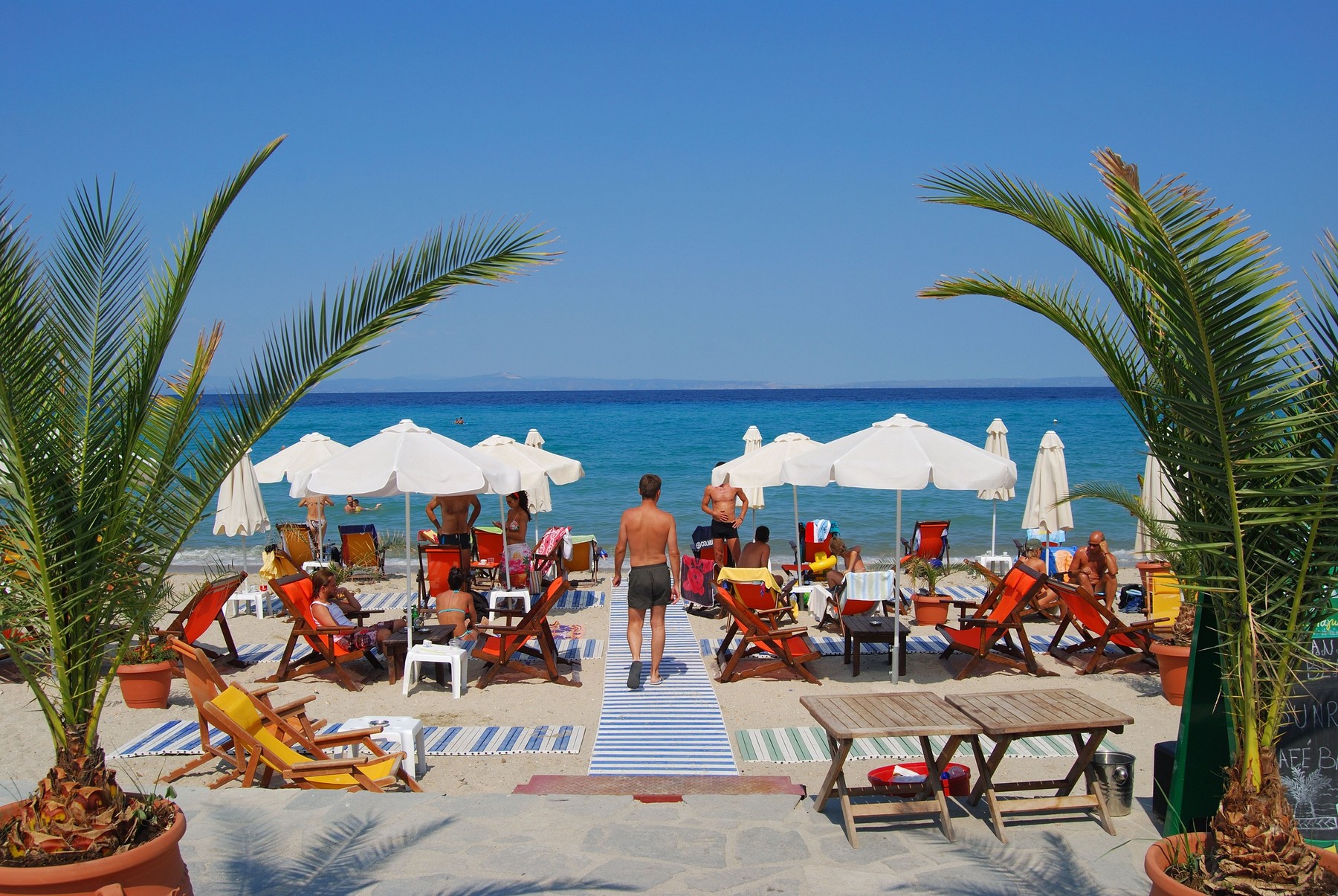 Beach and promenade view, Polychrono, Kassandra Peninsula, Chalkidiki, Central Macedonia, Greece