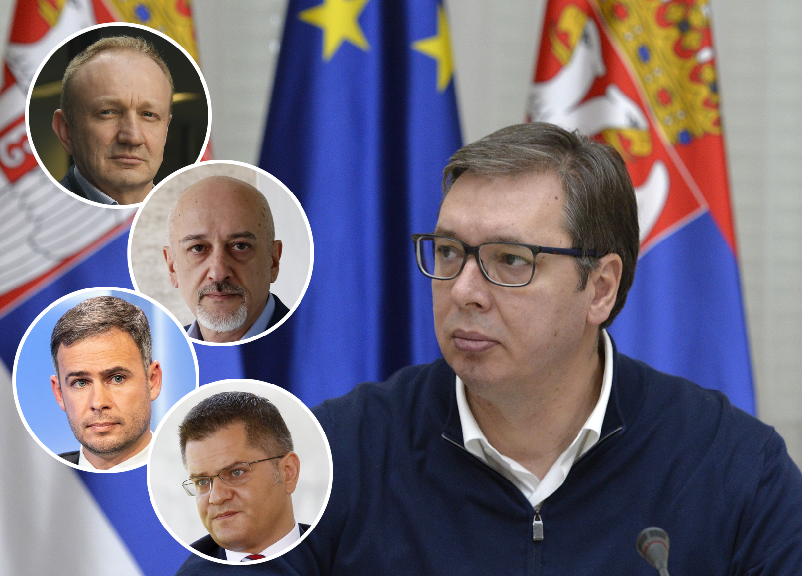 Vučić s jedne strane, a s druge Rade Panić, Dragan Đilas, Vuk Jeremić, Miroslav Aleksić.