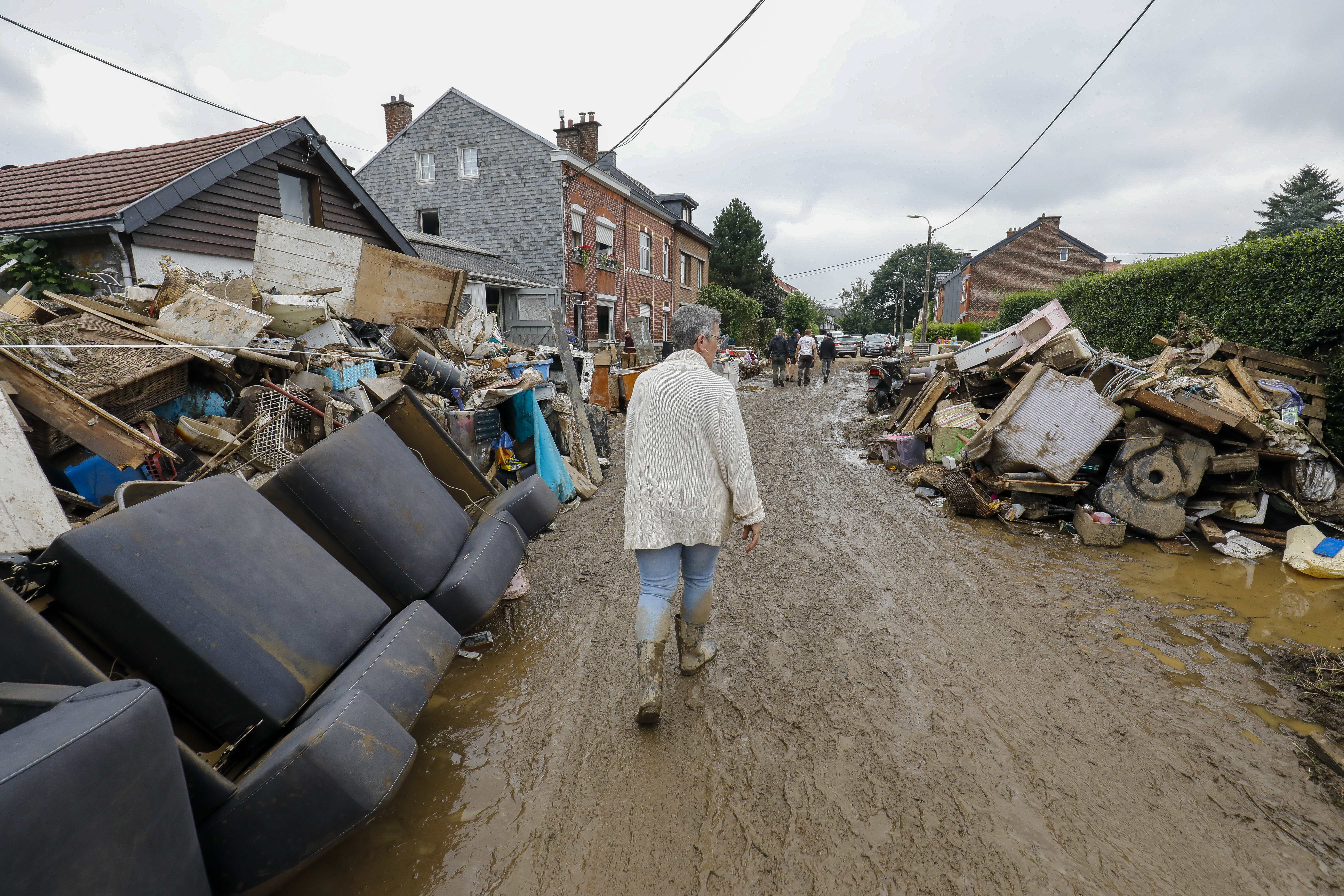 epa09349081 Destruction after heavy rains caused flooding in Theux, Belgium, 16 July 2021. Heavy rains have caused widespread damage and flooding in parts of Belgium.  EPA-EFE/JULIEN WARNAND
