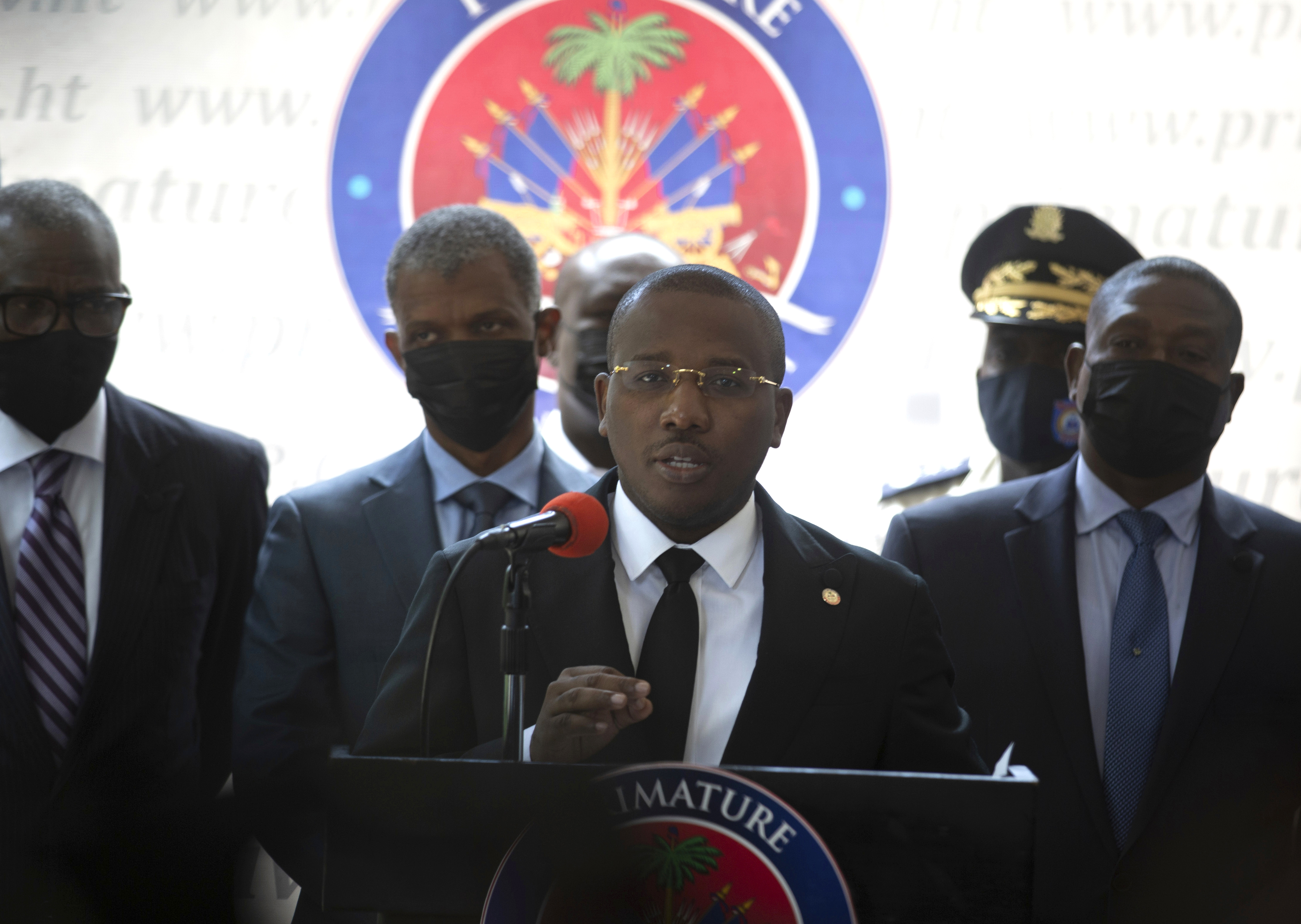 Haiti's interim Prime Minister Claude Joseph gives a press conference in Port-au-Prince, Friday, July 16, 2021, the week after the assassination of Haitian President  Jovenel Moïse’s on July 7. (AP Photo/Joseph Odelyn)