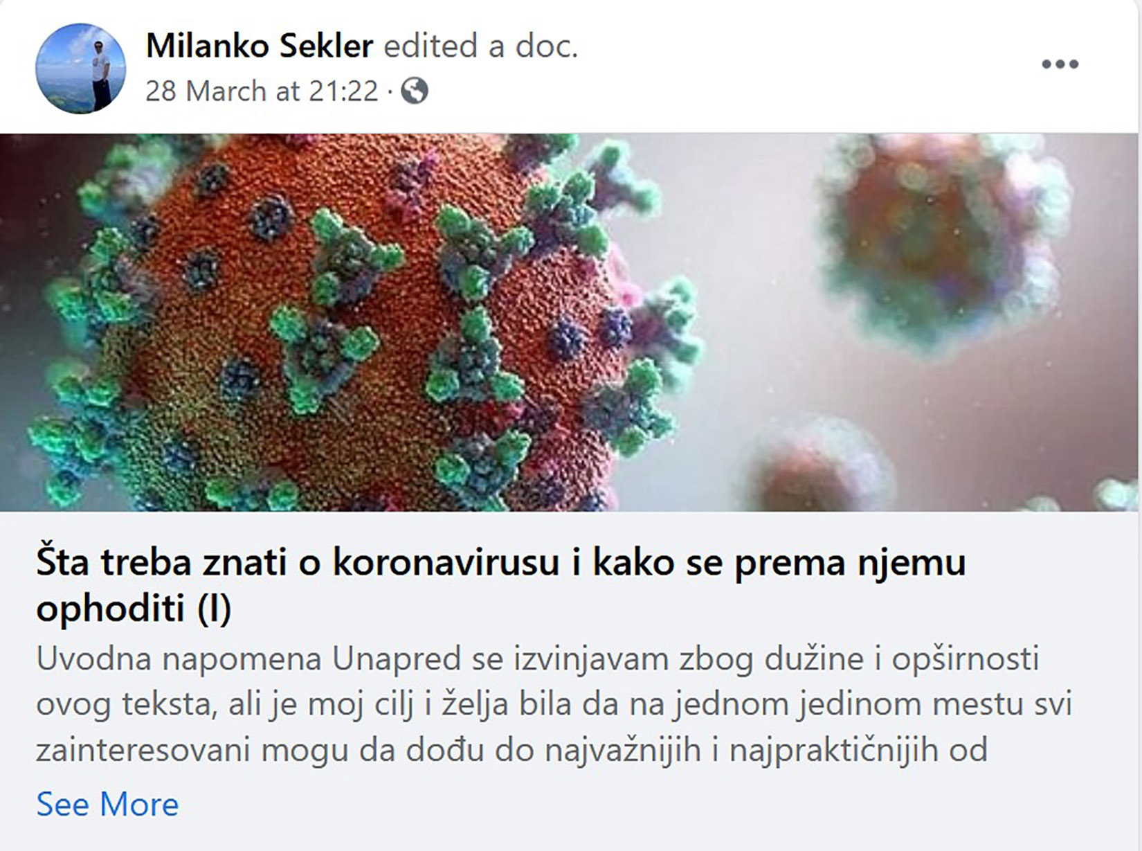 Milanko Šekler, Fejsbuk grupa Foto: Facebook/Doktor Milanko Sekler o Korona virusu