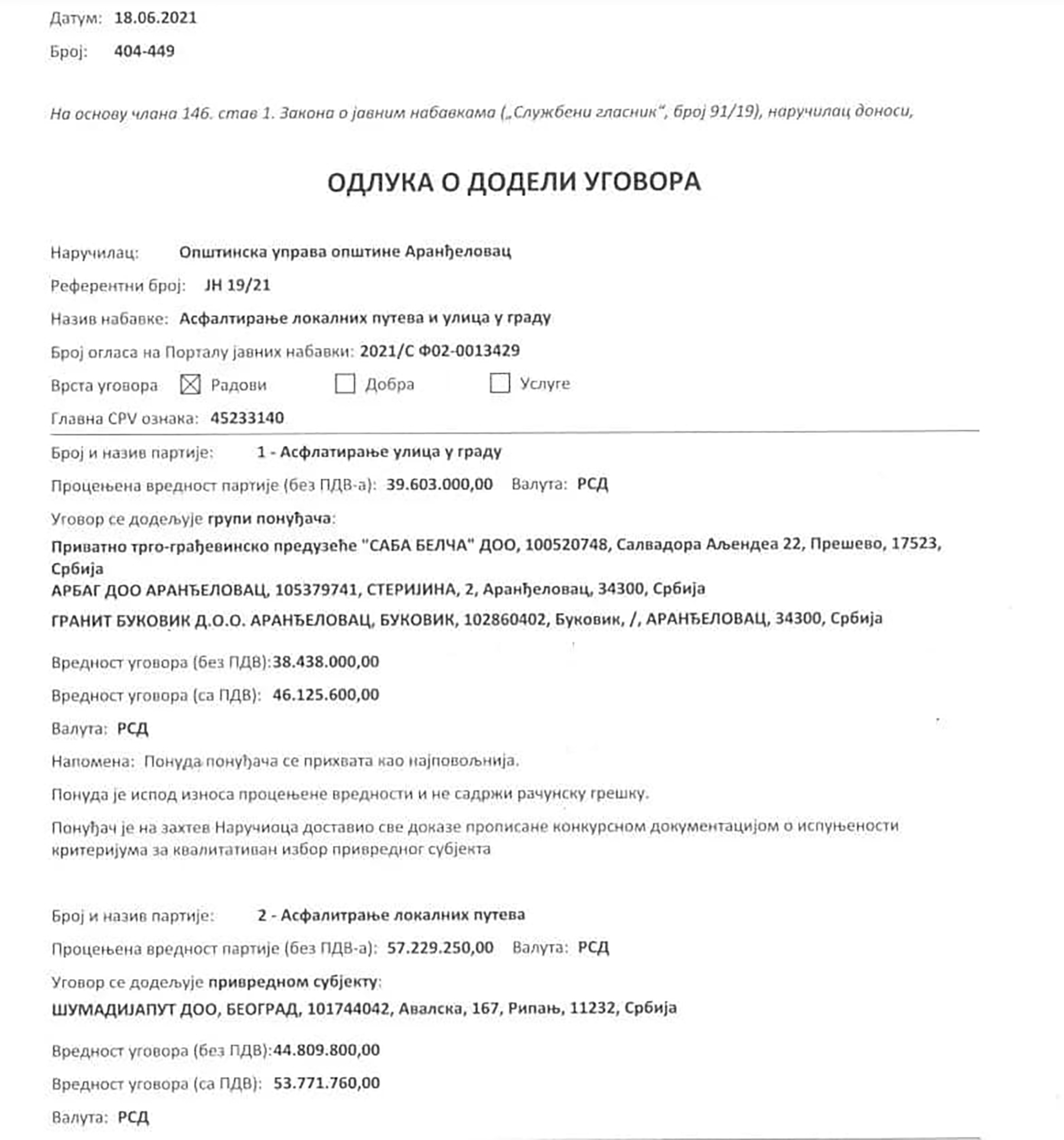 Ugovor arandjelovac asfaltiranje