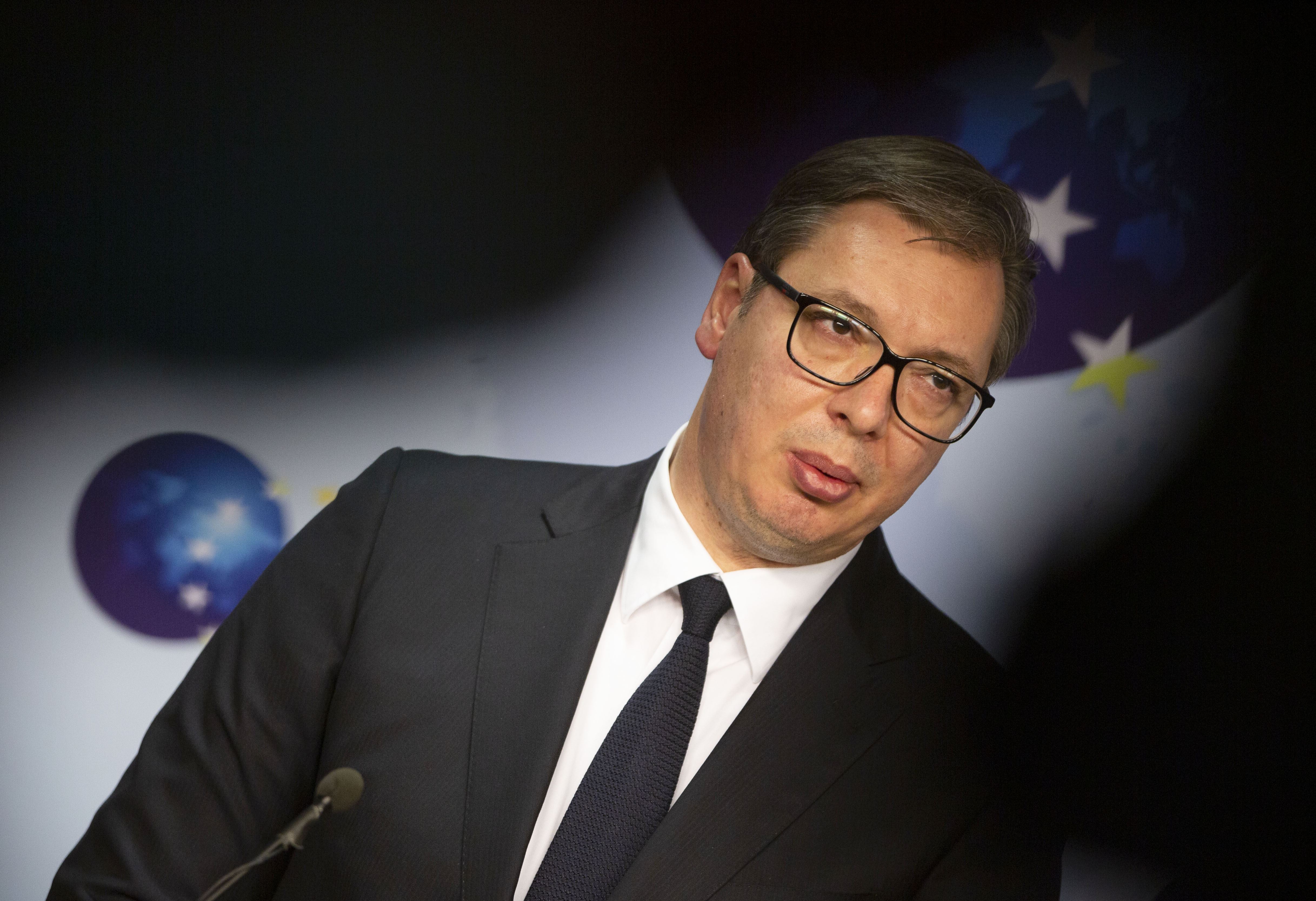 epa09161936 Serbian President Aleksandar Vucic speaks at a press conference after a meeting with EU High Representative for Foreign Affairs and Security Policy Josep Borrell (not pictured) in Brussels, Belgium, 26 April 2021.  EPA-EFE/Virginia Mayo / POOL