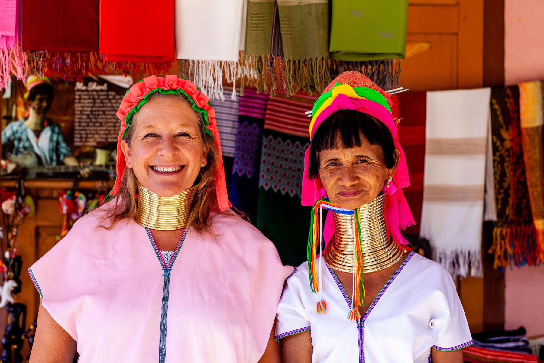 A Tourist Poses With A Woman From The Kayan (Long Neck) Minority Group, Pan Pet Village, Loikaw, Kayah State, Myanmar.
