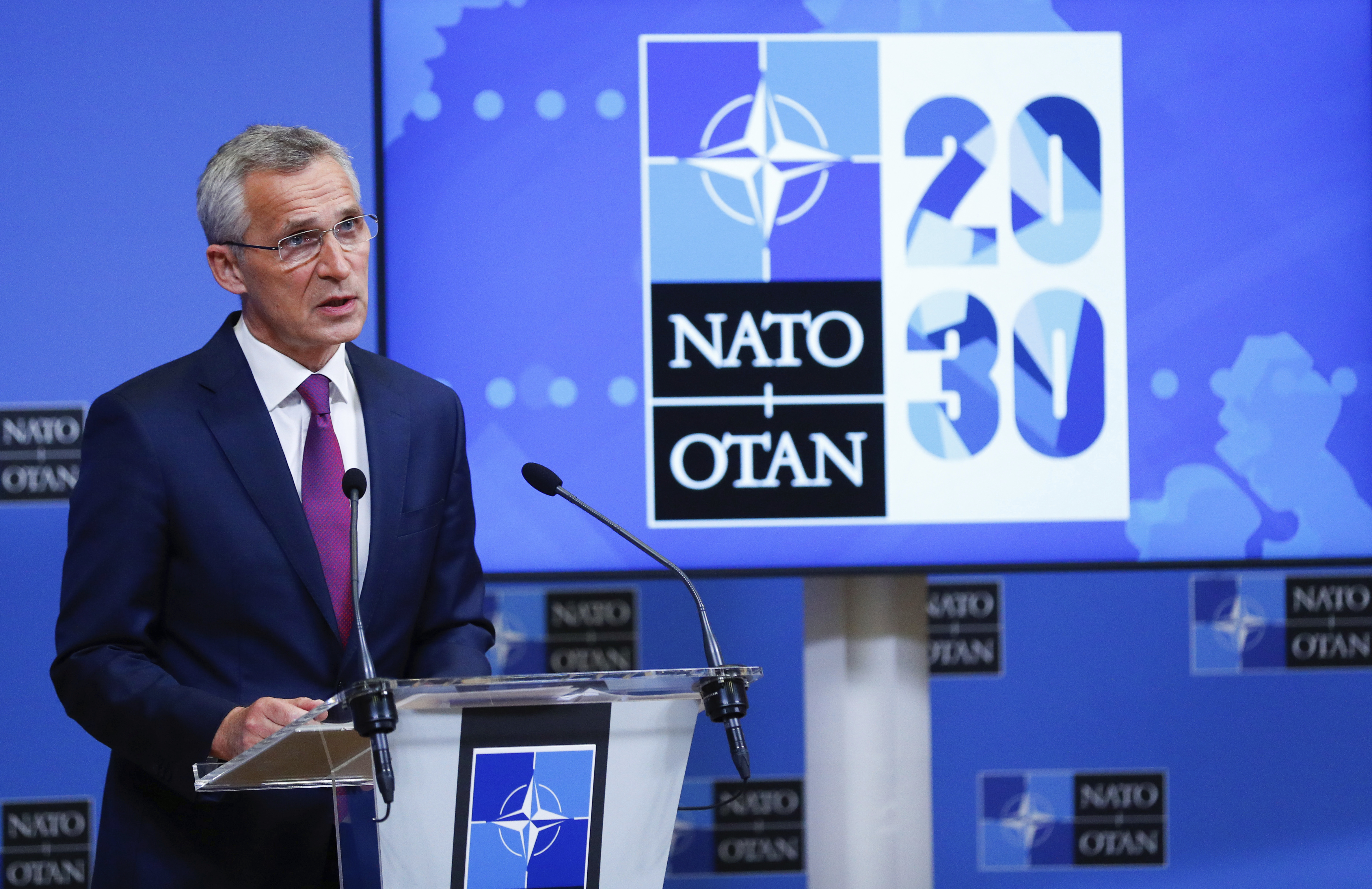 NATO Secretary General Jens Stoltenberg speaks during a media conference after chairing on on-line meeting of NATO Foreign Ministers at NATO headquarters in Brussels, Tuesday, June 1, 2021. (Johanna Geron, Pool via AP)