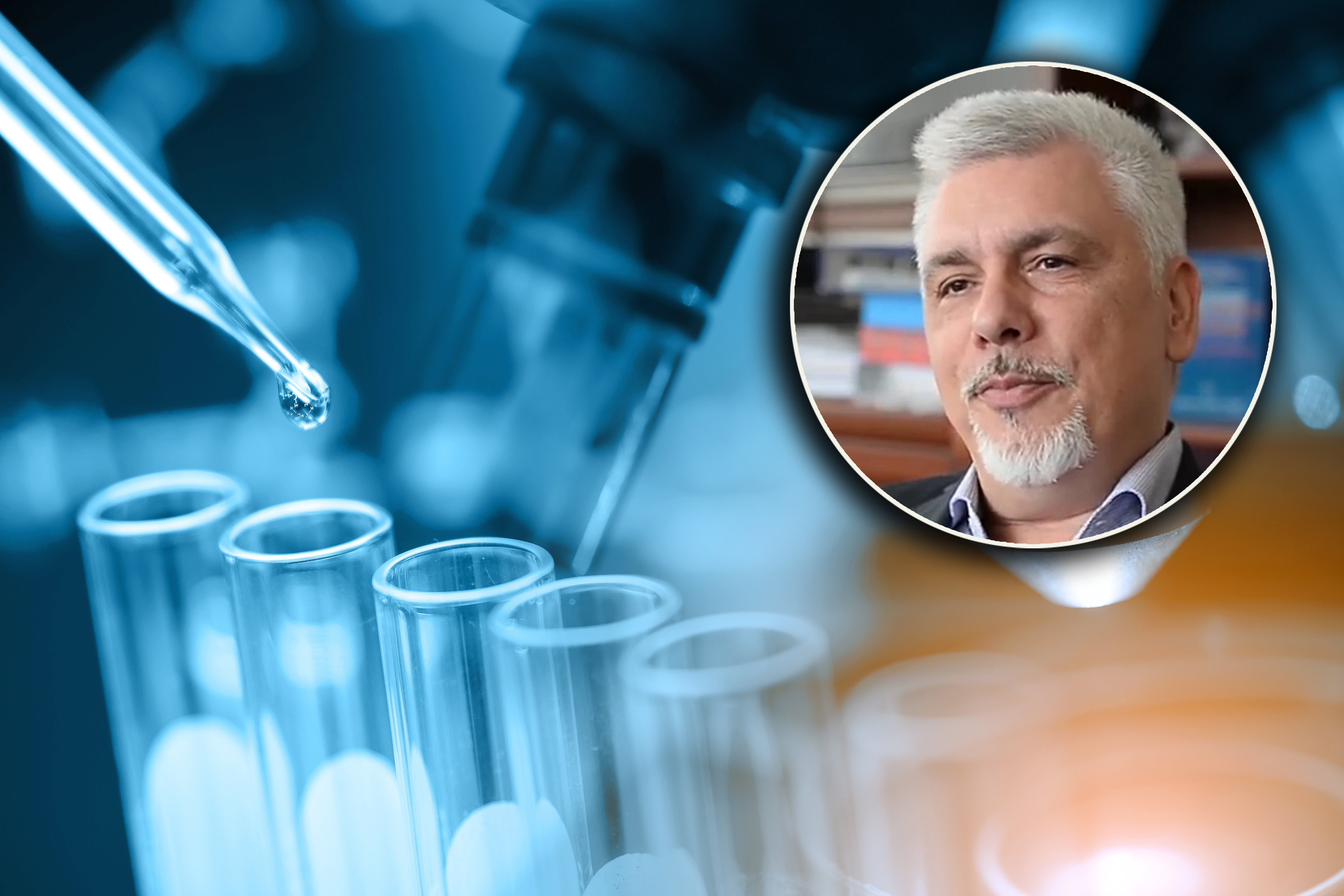 microscope with lab glassware, science laboratory research and development concept