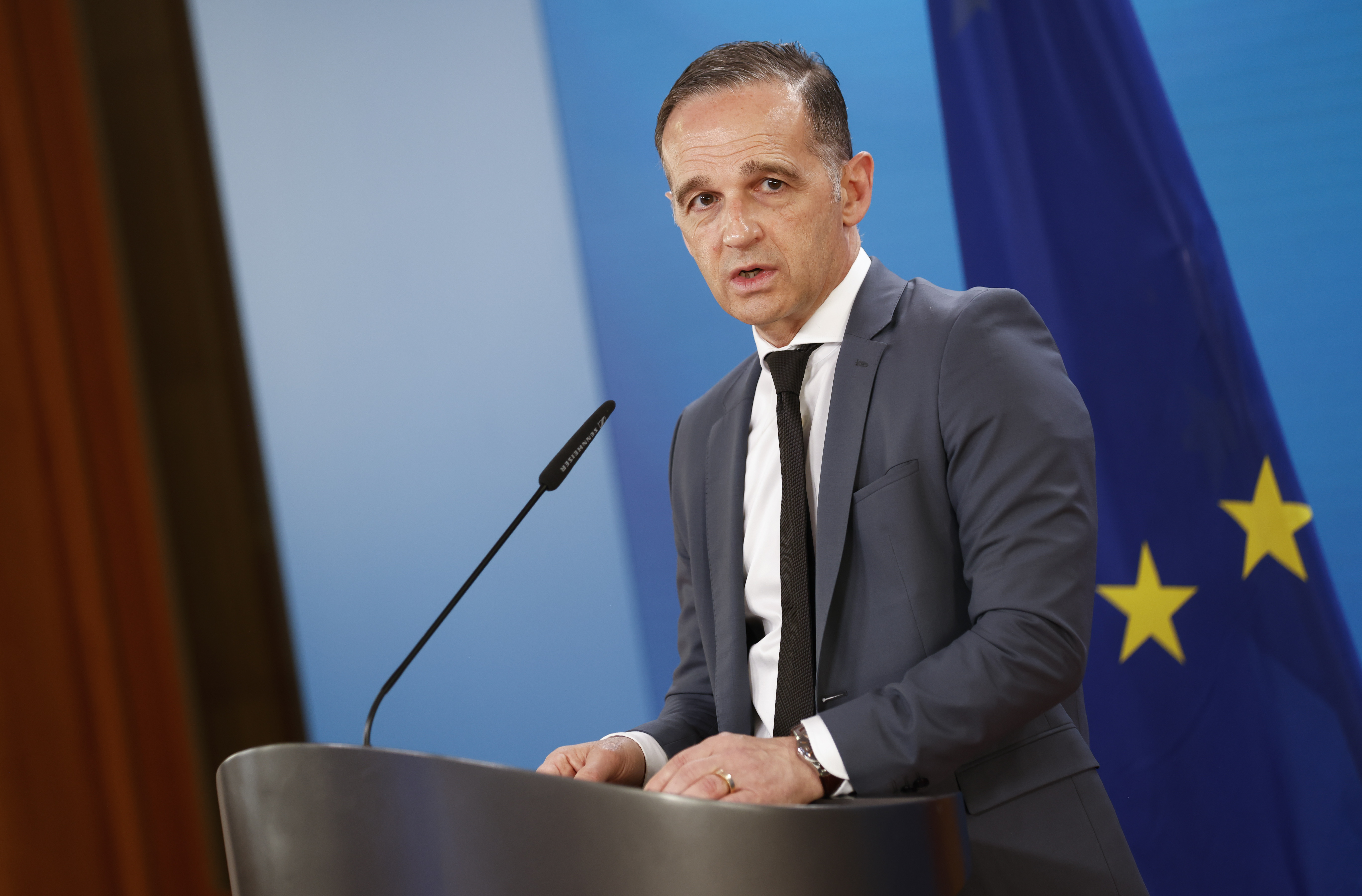epa09254445 German Foreign Minister Heiko Maas holds a news conference ahead of a Foreign Ministers meeting in the 'Berlin Process' in Berlin, Germany, 08 June 2021.  EPA-EFE/AXEL SCHMIDT / POOL