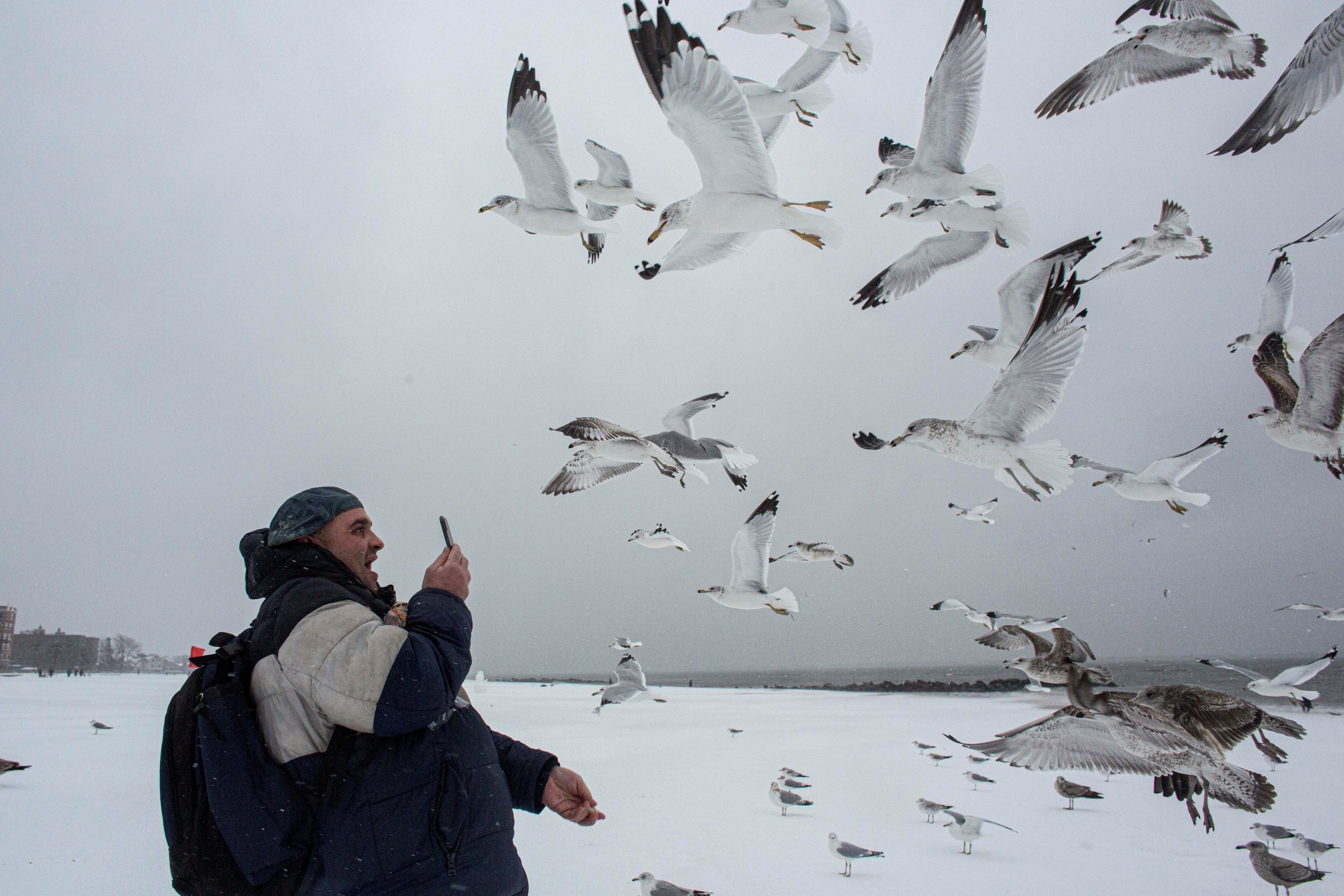 02022021 Performer Vincent Anthony Parrelli takes photos of seagulls as they fly in the snow during a winter storm at Brighton Beach, New York, U.S., February 1, 2021.  REUTERS/Ahmed Gaber NO RESALES. NO ARCHIVES.
