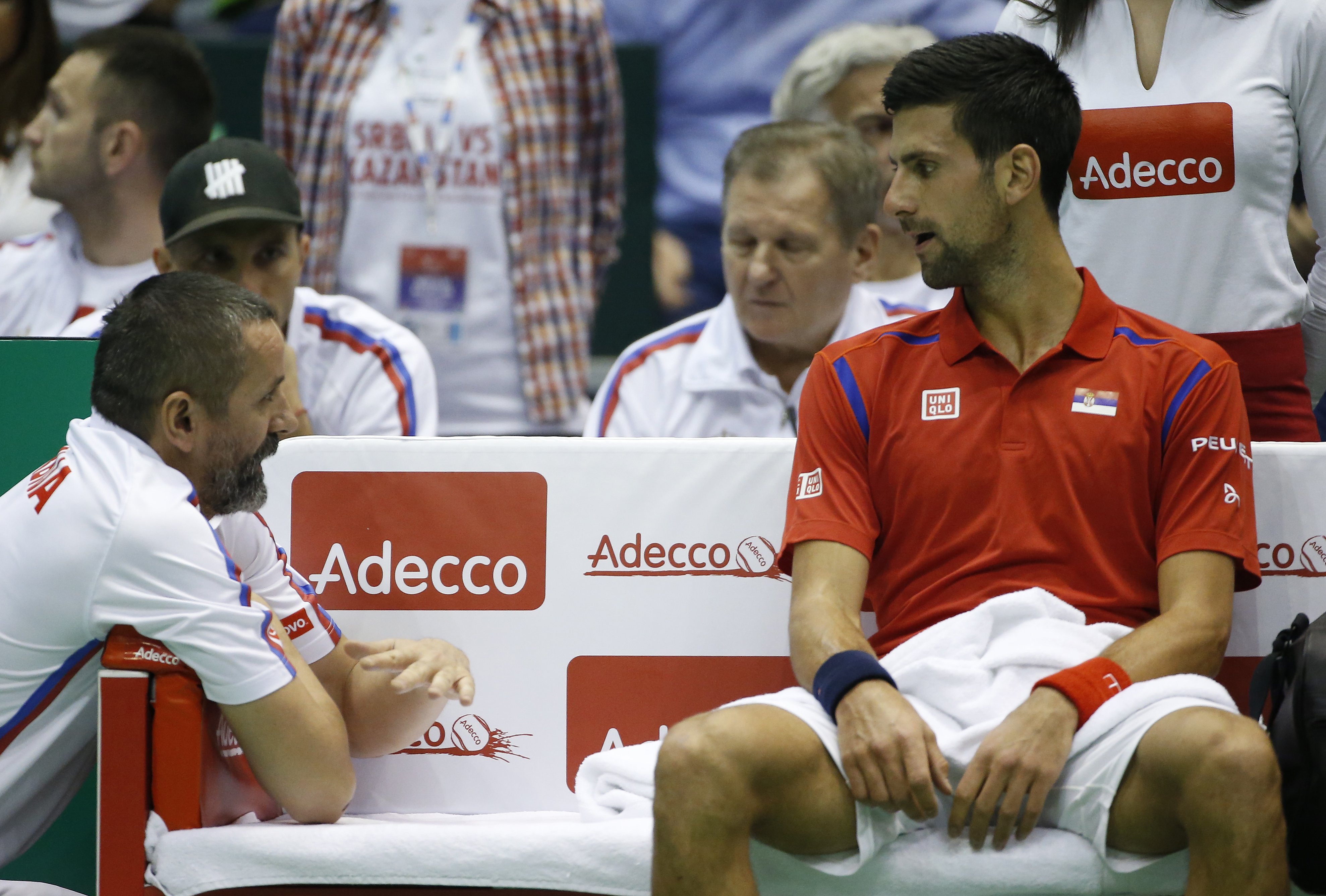 Davis Cup 2016 first round
Srbija v Kazahstan
Novak Djokovic v Mikhail Kukushkin
Novak Djokovic (R) and team captain Bogdan Obradovic
Beograd, 06.03.2016.
Foto: Srdjan Stevanovic/Starsportphoto.com©
