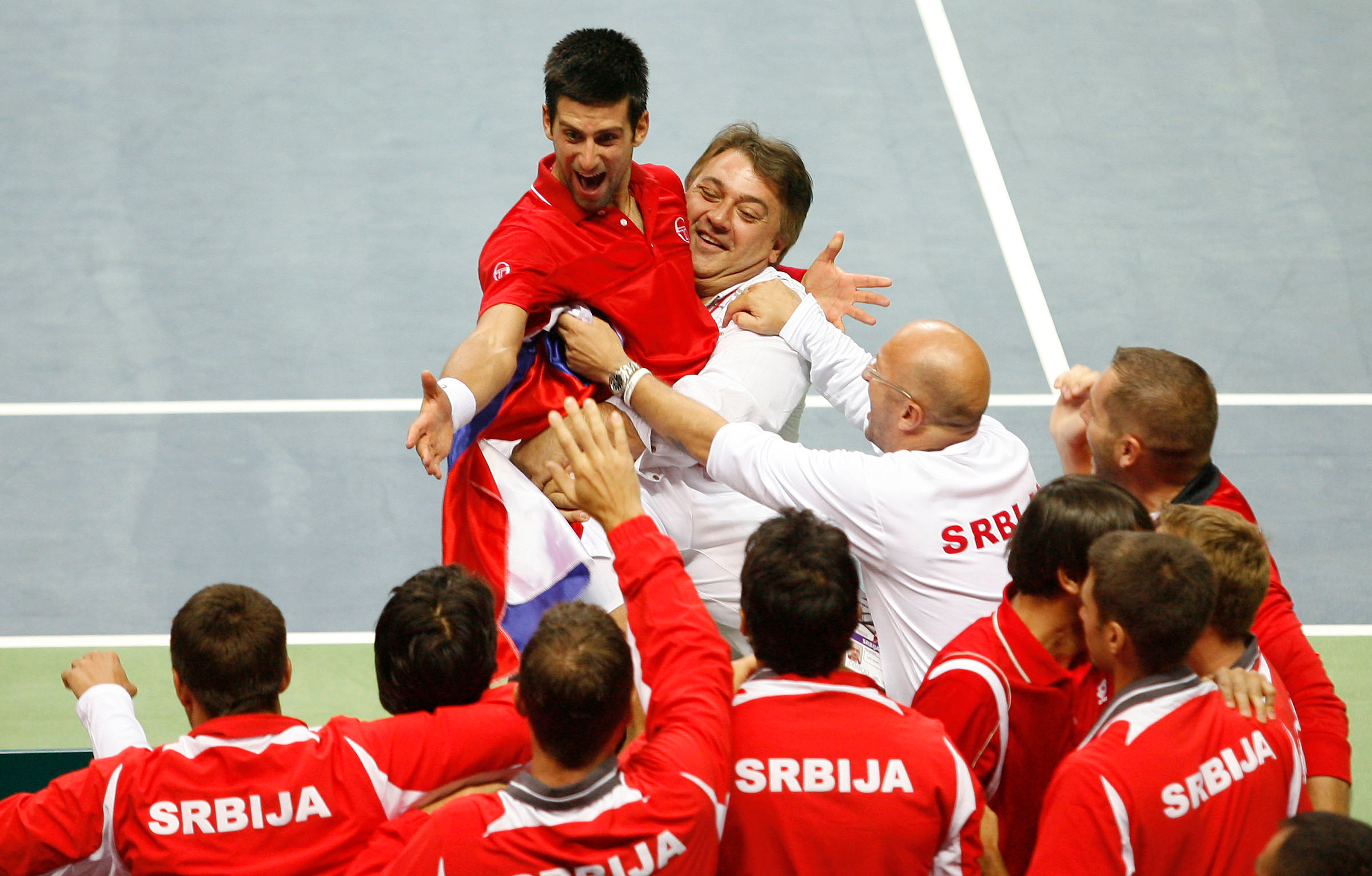 Tenis, Davis Cup 2010.Croatia Vs. Serbia, quaterfinals, doubles.Novak Djokovic Vs. Marin Cilic.Novak Djokovic and Slobodan Zivojinovic, celebrate victory.Split, 11.07.2010..foto: Srdjan Stevanovic/Starsportphoto ©