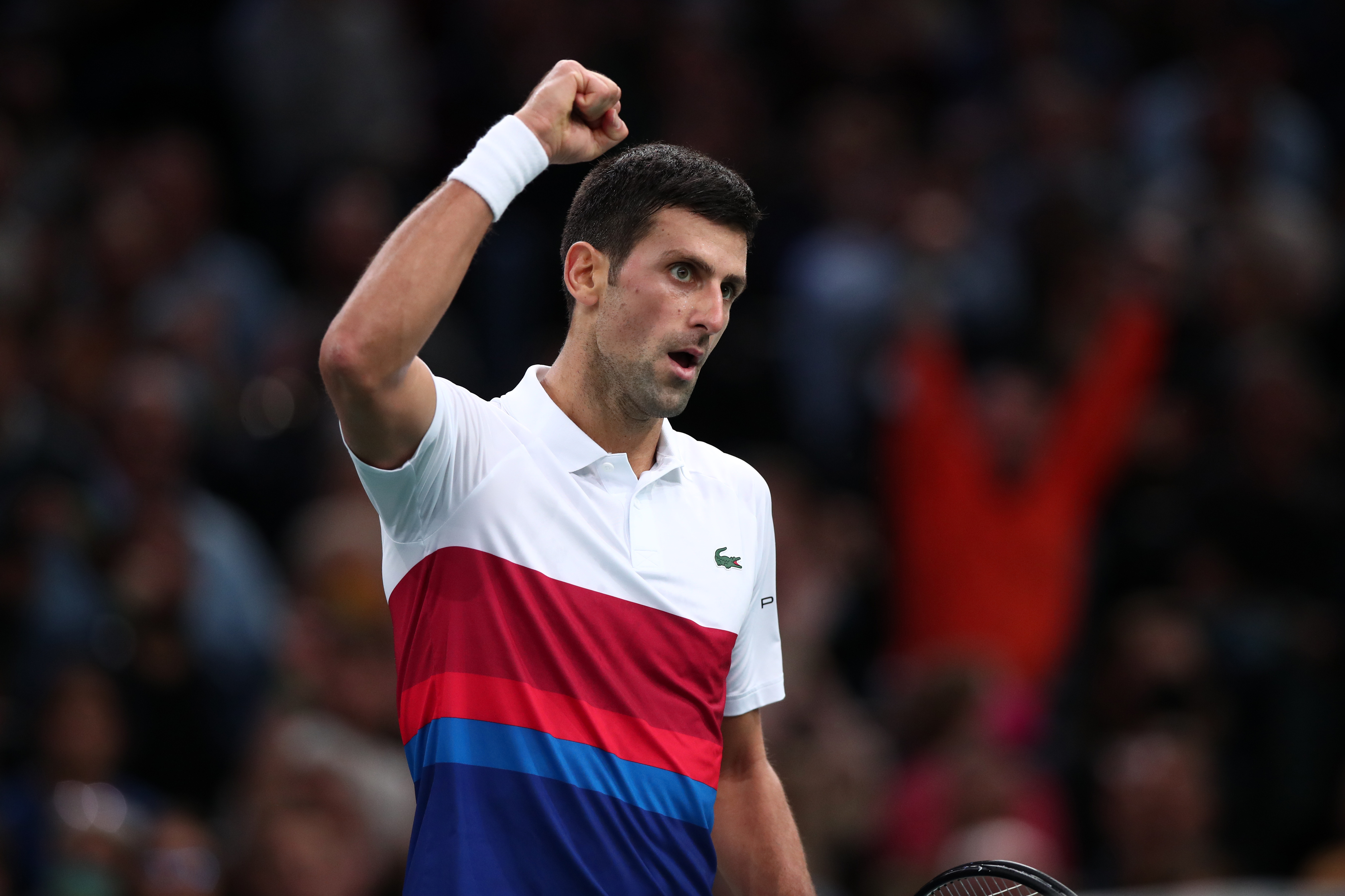 epa09568046 Novak Djokovic of Serbia reacts during his semi final match against Hubert Hurkacz of Poland at the Rolex Paris Masters tennis tournament in Paris, France, 06 November 2021.  EPA-EFE/CHRISTOPHE PETIT TESSON
