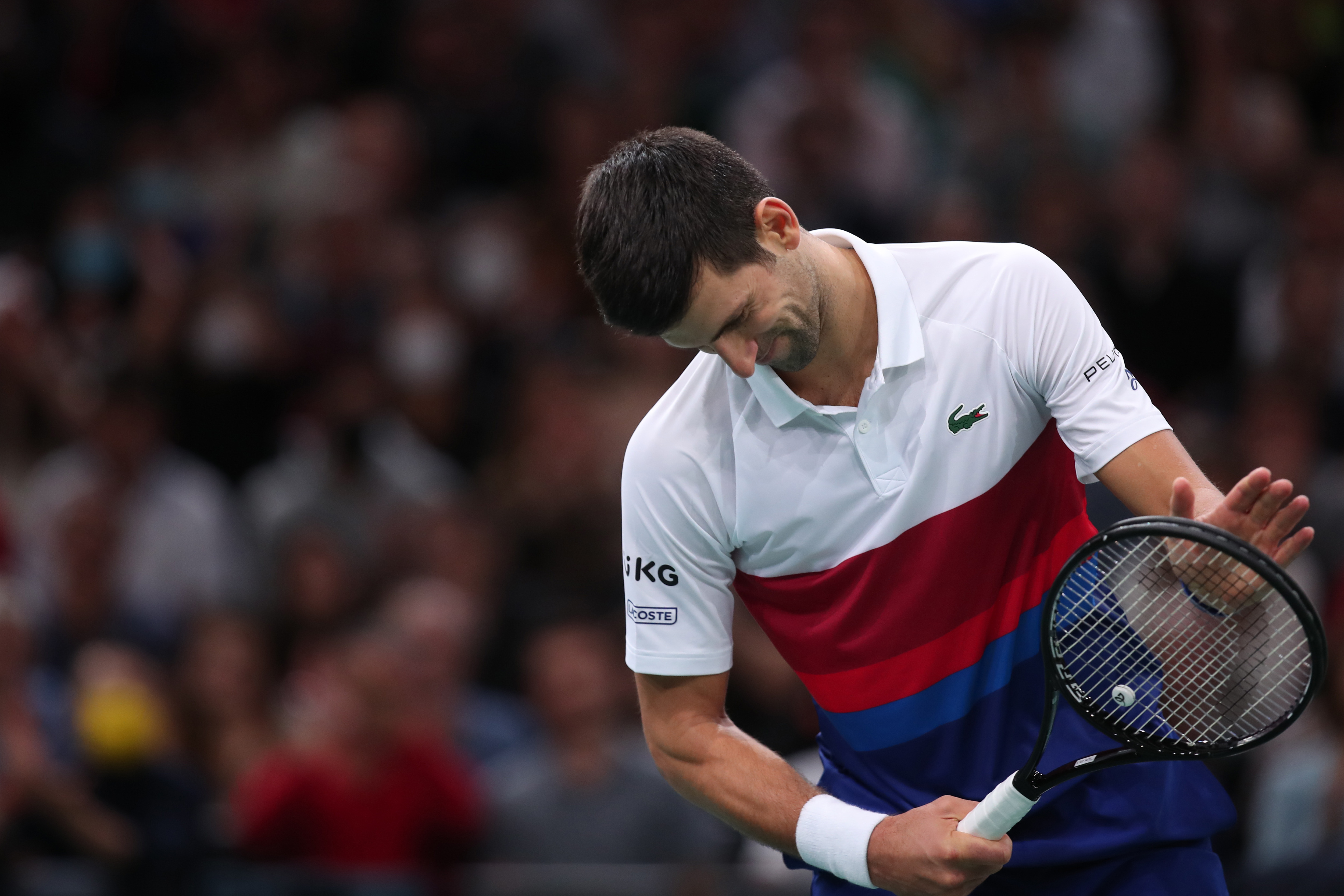 epa09570044 Novak Djokovic of Serbia reacts during the final match against Daniil Medvedev of Russia at the Rolex Paris Masters tennis tournament in Paris, France, 07 November 2021.  EPA-EFE/CHRISTOPHE PETIT TESSON