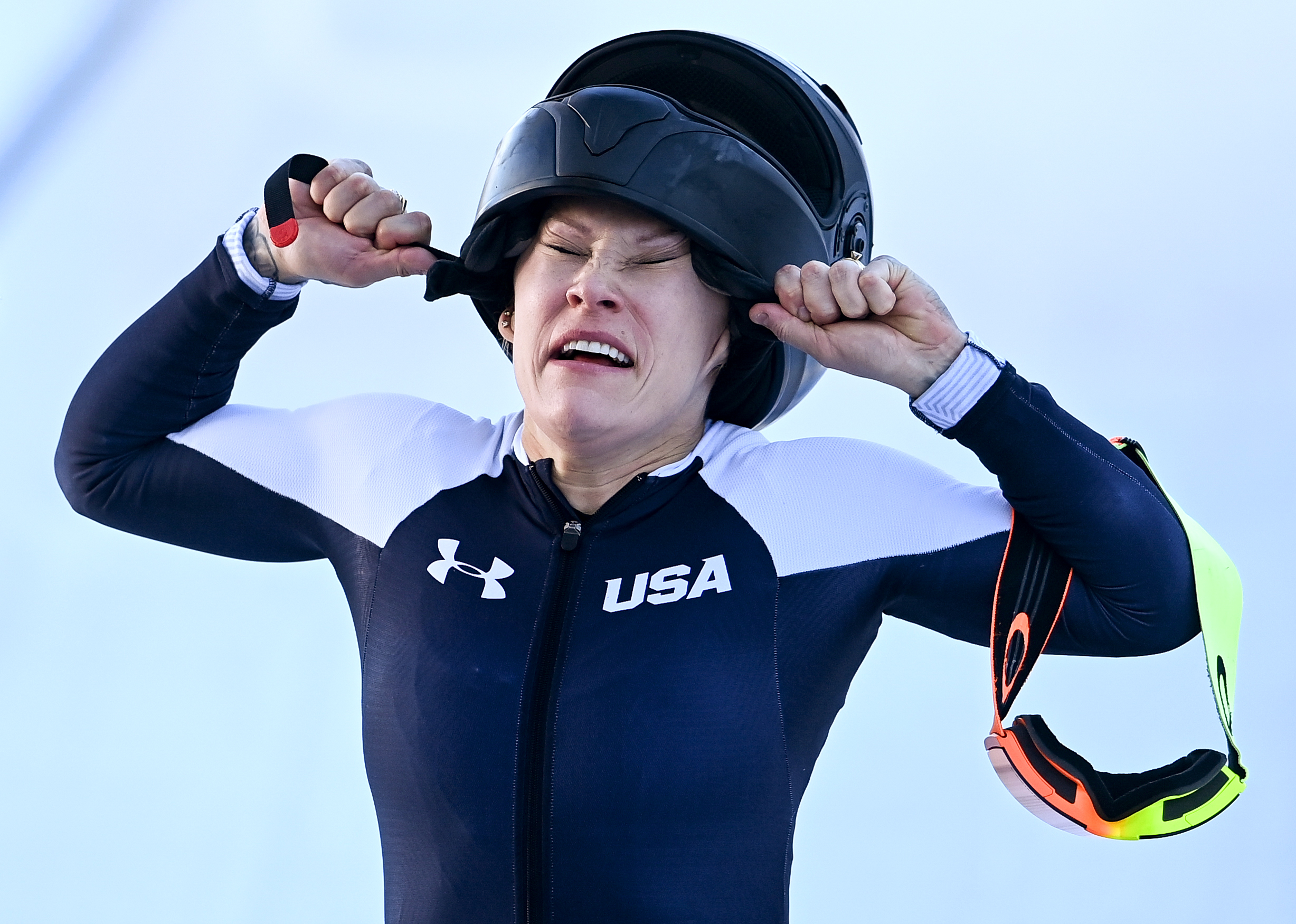 epa09011526 Kaillie Humphries of the USA reacts after winning the gold medal in the women's Monobob competition at the Bobsleigh &amp; Skeleton World Championships in Altenberg, Germany, 14 February 2021.  EPA-EFE/FILIP SINGER