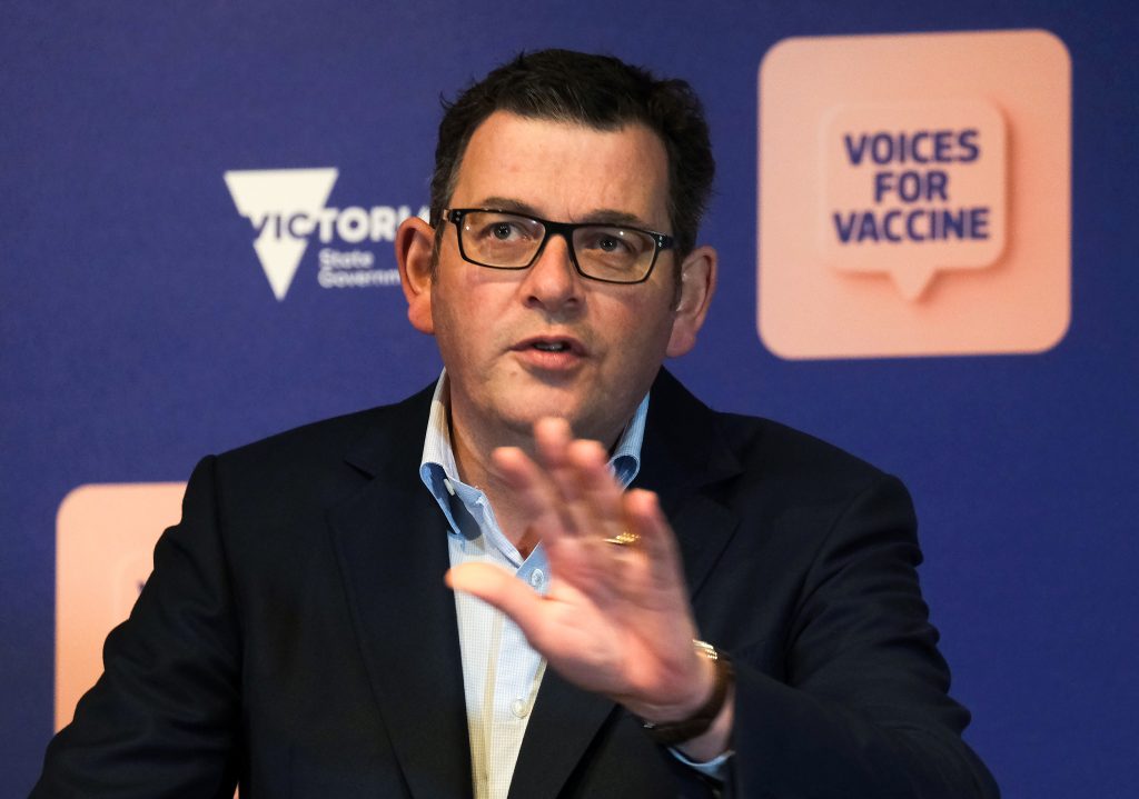 epa09414646 Victorian Premier Daniel Andrews speaks to the media during a press conference in Melbourne, Victoria, Australia, 15 August 2021. Victoria has recorded 25 new locally acquired COVID-19 cases.  EPA-EFE/LUIS ASCUI AUSTRALIA AND NEW ZEALAND OUT