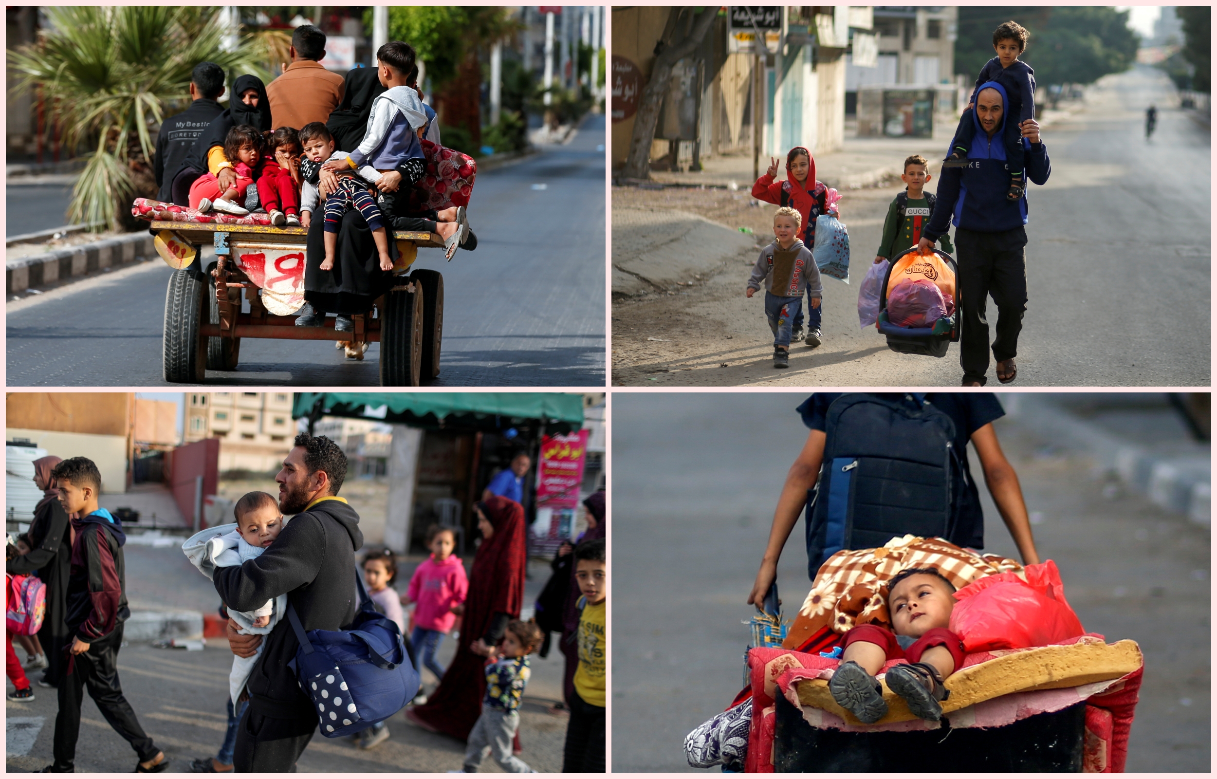 A Palestinian boy pulls a cart carrying his brother and their belongings as they flee their home during Israeli air and artillery strikes, in Gaza City May 14, 2021. REUTERS/Mohammed Salem