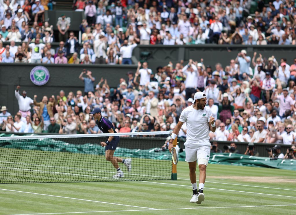 epa09337352 Matteo Berrettini of Italy reacts during the men's final against Novak Djokovic of Serbia  at the Wimbledon Championships, Wimbledon, Britain 11 July 2021.  EPA-EFE/STEVE PASTON / POOL