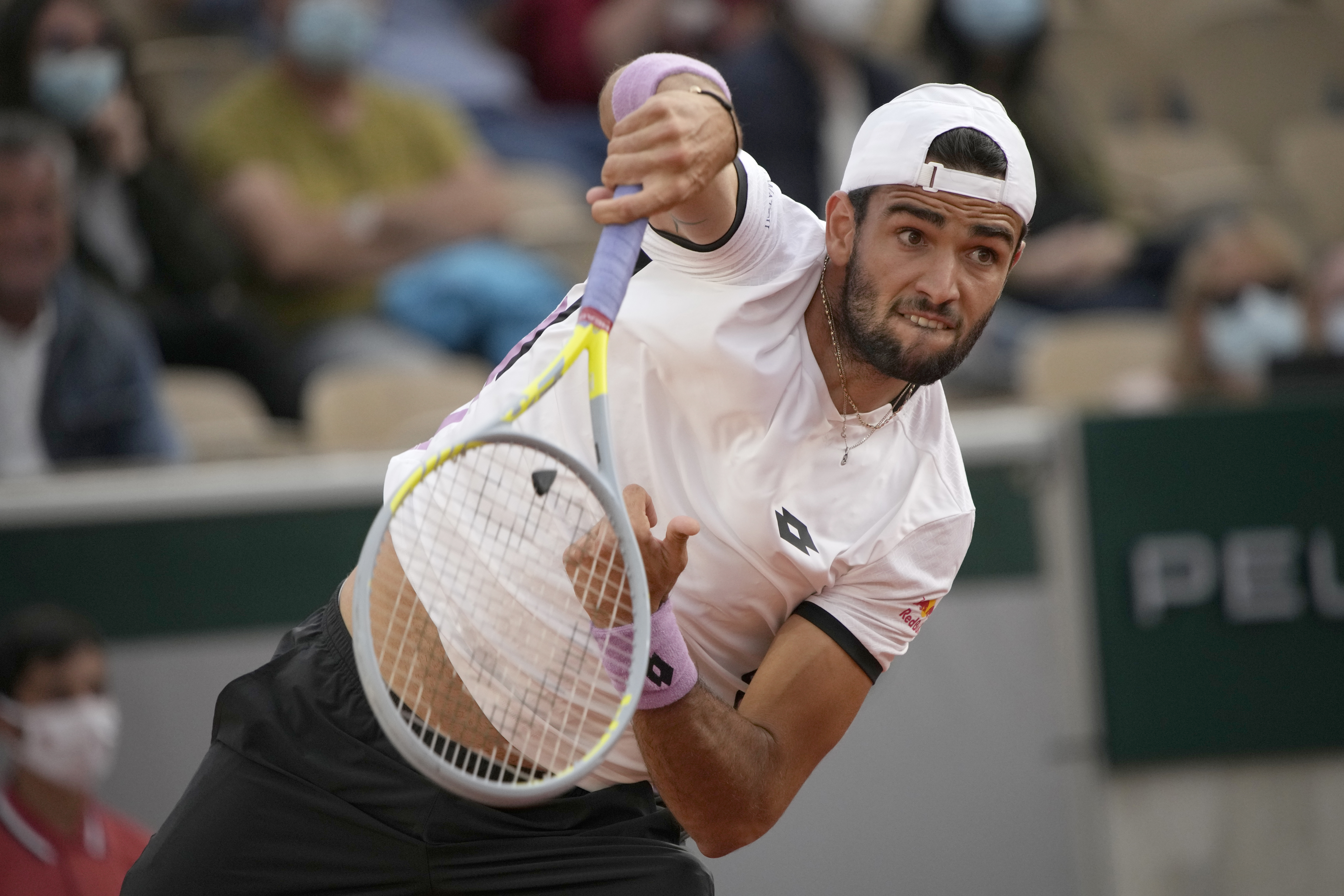 Italy's Matteo Berrettini serves toKorea's Soonwoo Kwon during their third round match on day 7, of the French Open tennis tournament at Roland Garros in Paris, France, Saturday, June 5, 2021. (AP Photo/Christophe Ena)