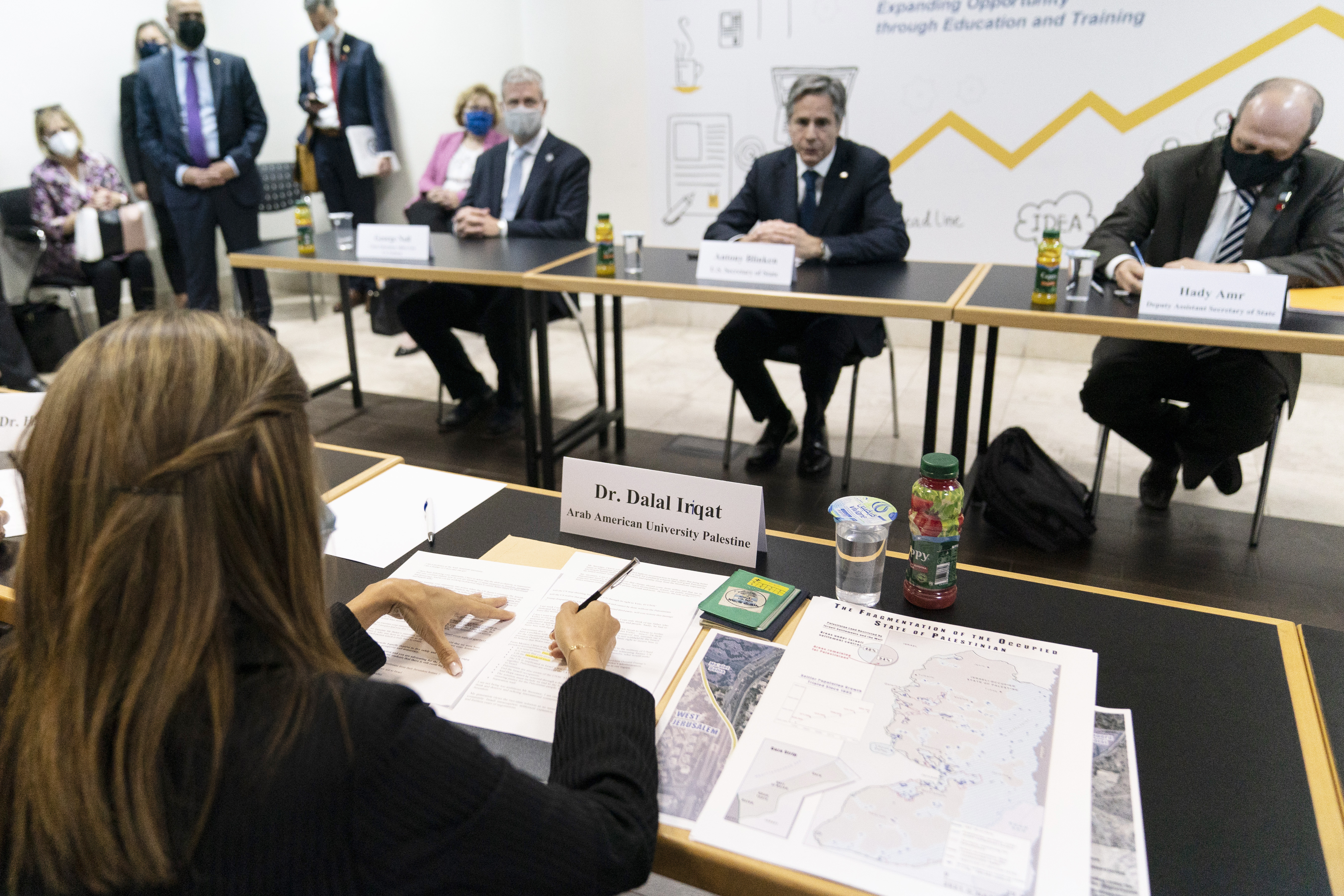 Secretary of State Antony Blinken speaks during a meeting with civil society leaders, Tuesday, May 25, 2021, in West Bank city of Ramallah. (AP Photo/Alex Brandon, Pool)