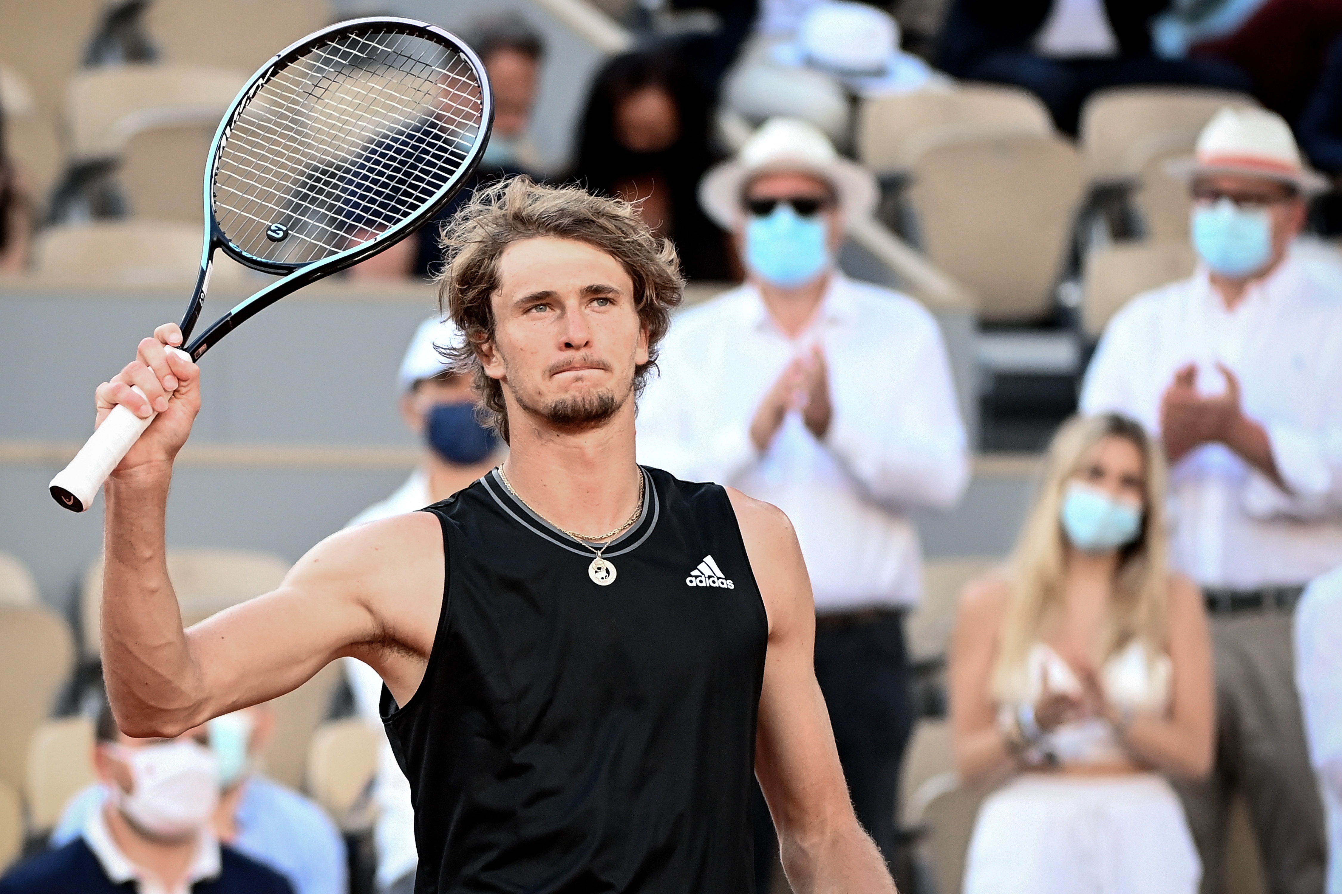 epa09255807 Alexander Zverev of Germany reacts after winning his quarter final match against Alejandro Davidovich Fokina of Spain at the French Open tennis tournament at Roland Garros in Paris, France, 08 June 2021.  EPA-EFE/CAROLINE BLUMBERG